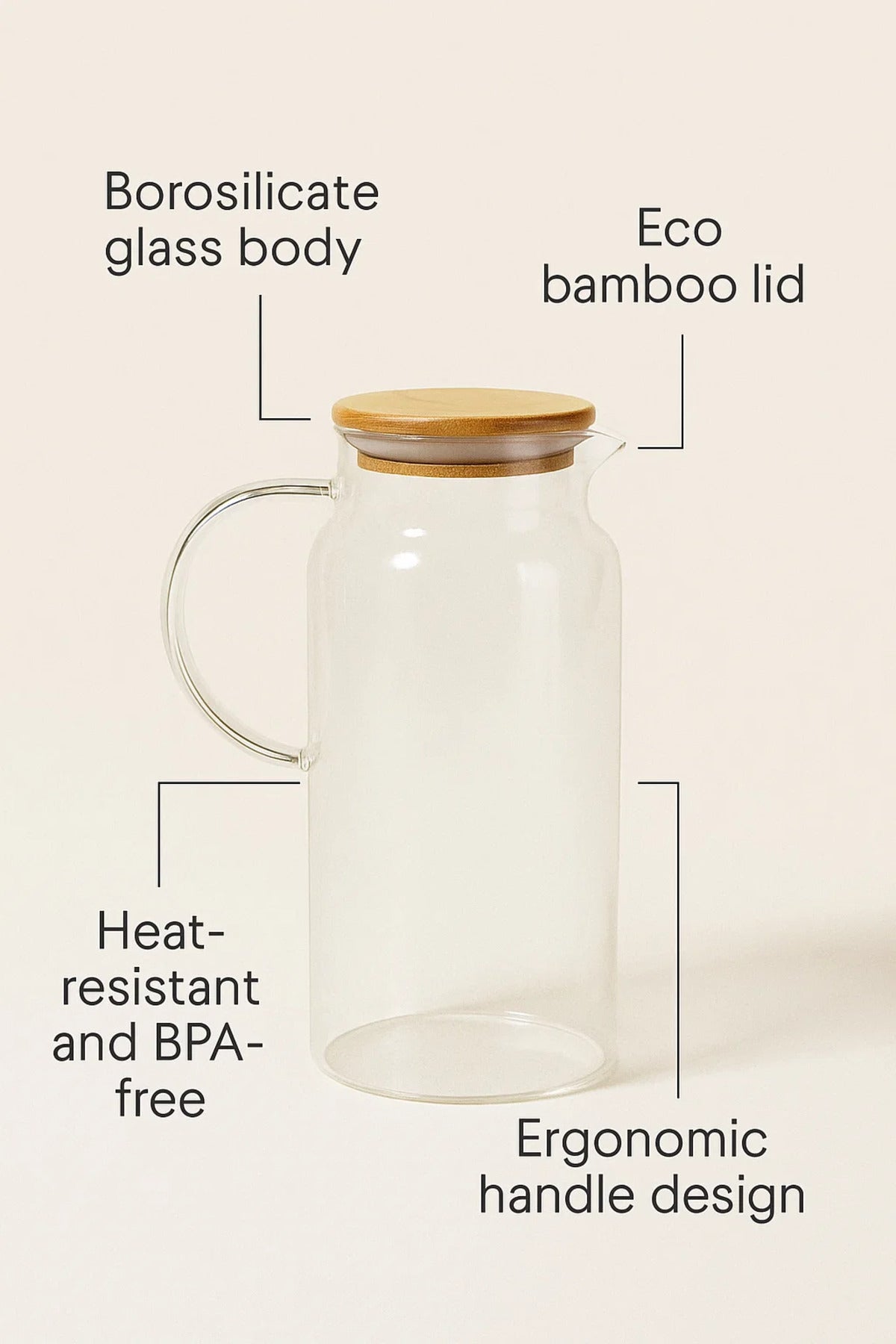 Glass Water Pitcher with Bamboo Lid Ð 1.3 Liter Heat-Resistant Carafe