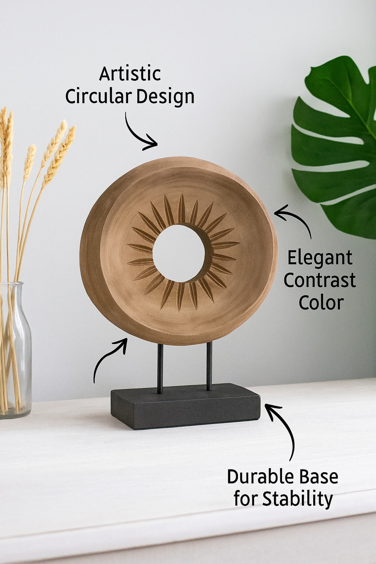 Walnut and Black Wooden Round Decorative Sculpture on Stand Ð Modern Home Accent