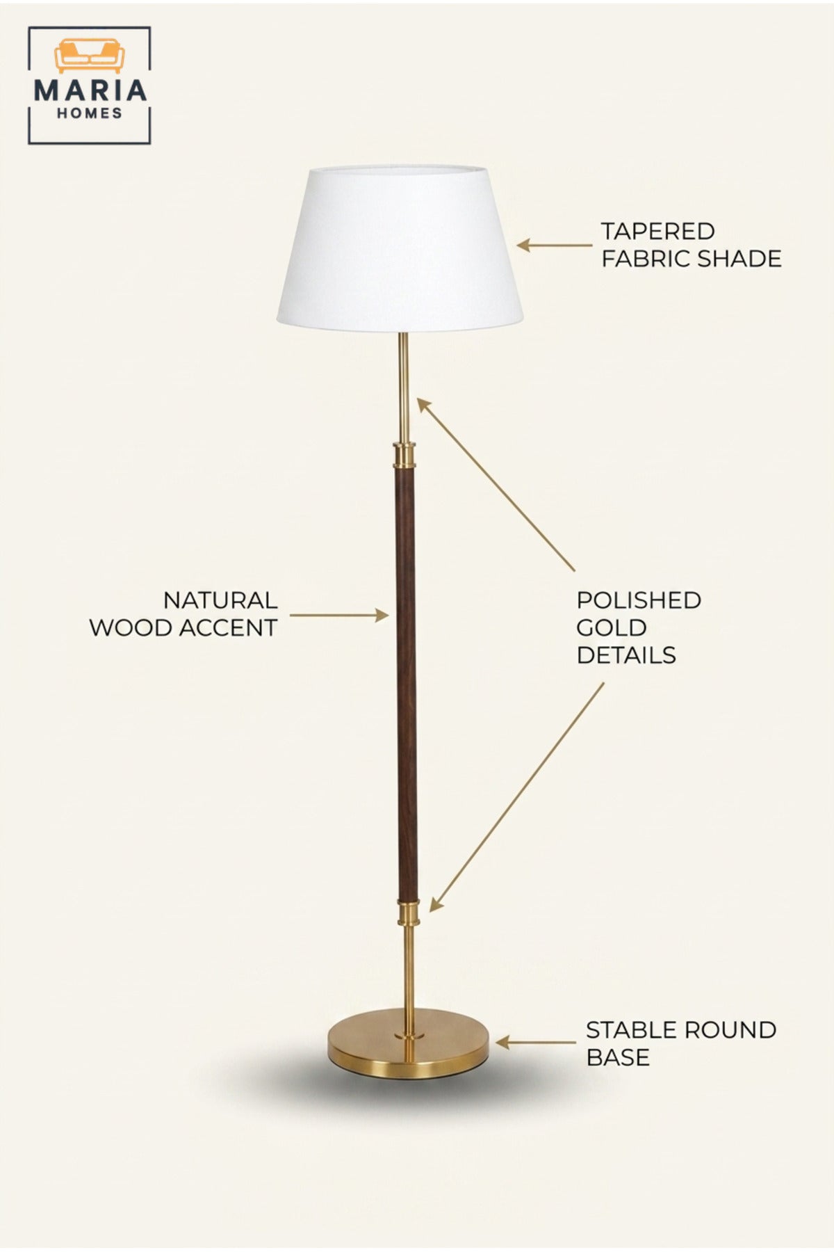 Modern Wooden Floor Lamp with Gold Accents, White Fabric Shade and Round Base Elegant Standing Light for Living Room Bedroom Office and Hotel Décor