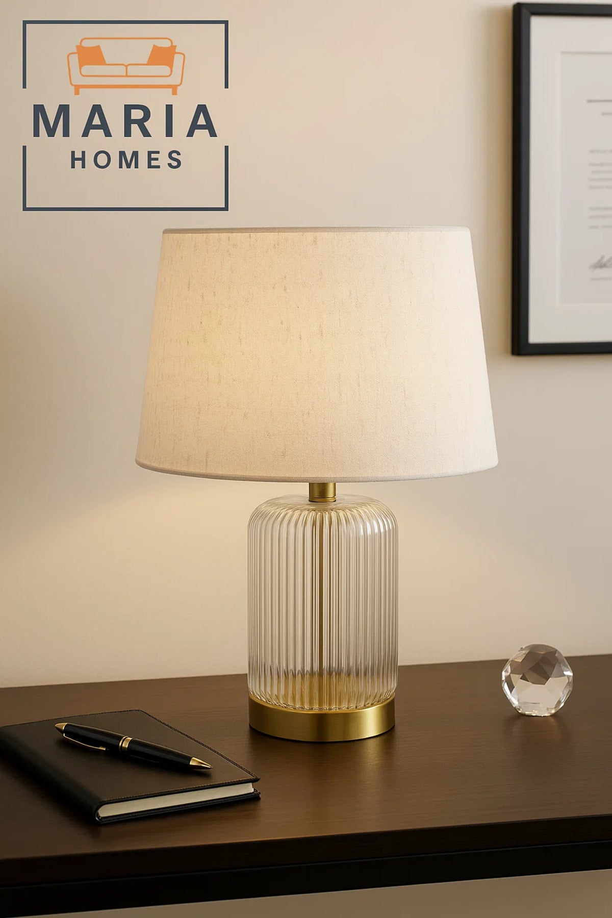 Ribbed Glass Table Lamp With Beige Shade And Gold Base For Elegant Night Lighting