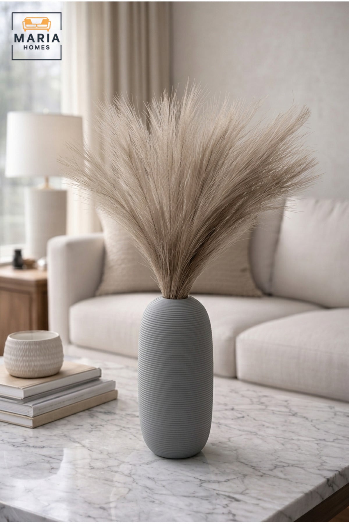 Modern Decorative Flower Vase with Oval Shape, Fine Ribbed Texture and Narrow Opening for Living Room, Bedroom, Office, Shelf and Console Table Décor