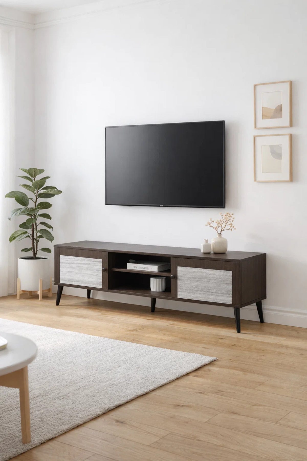 Brown & Grey TV Stand √ê 160x40x45 cm Modern Plasma Table with Cabinets & Shelves