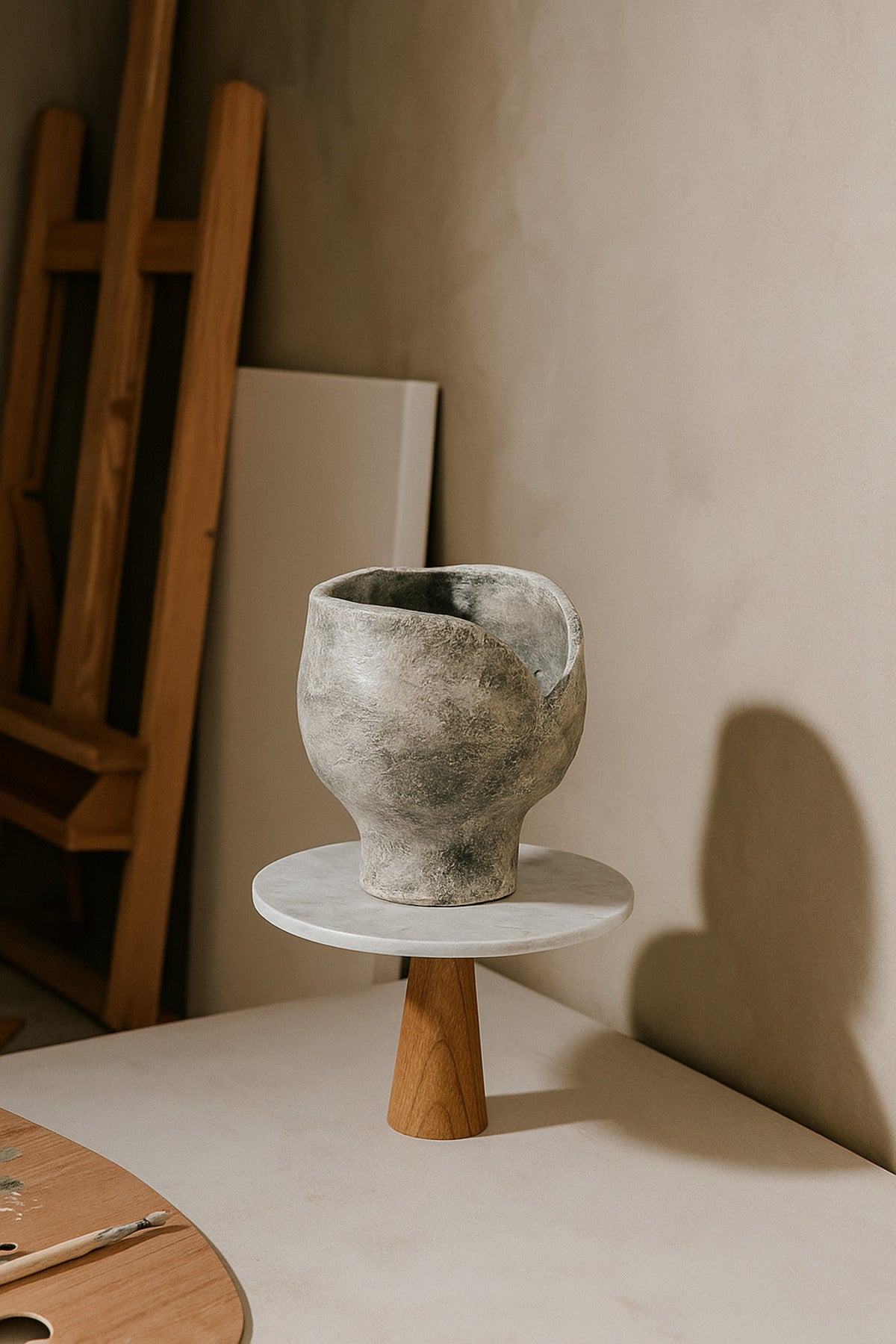 White Marble Decorative Stand Ð Round Display Pedestal with Wooden Base