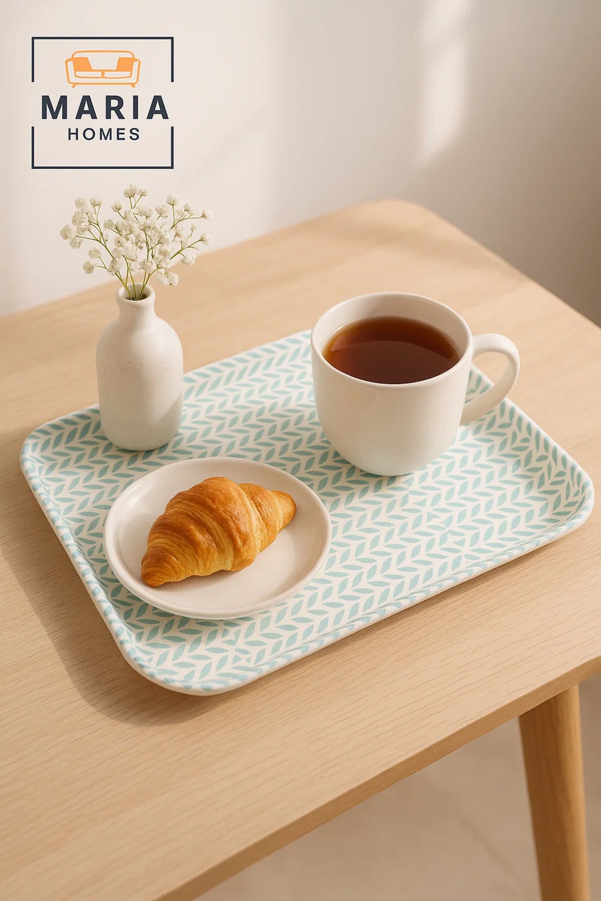 Rectangular Plastic Serving Tray with Aqua Blue Leaf Pattern