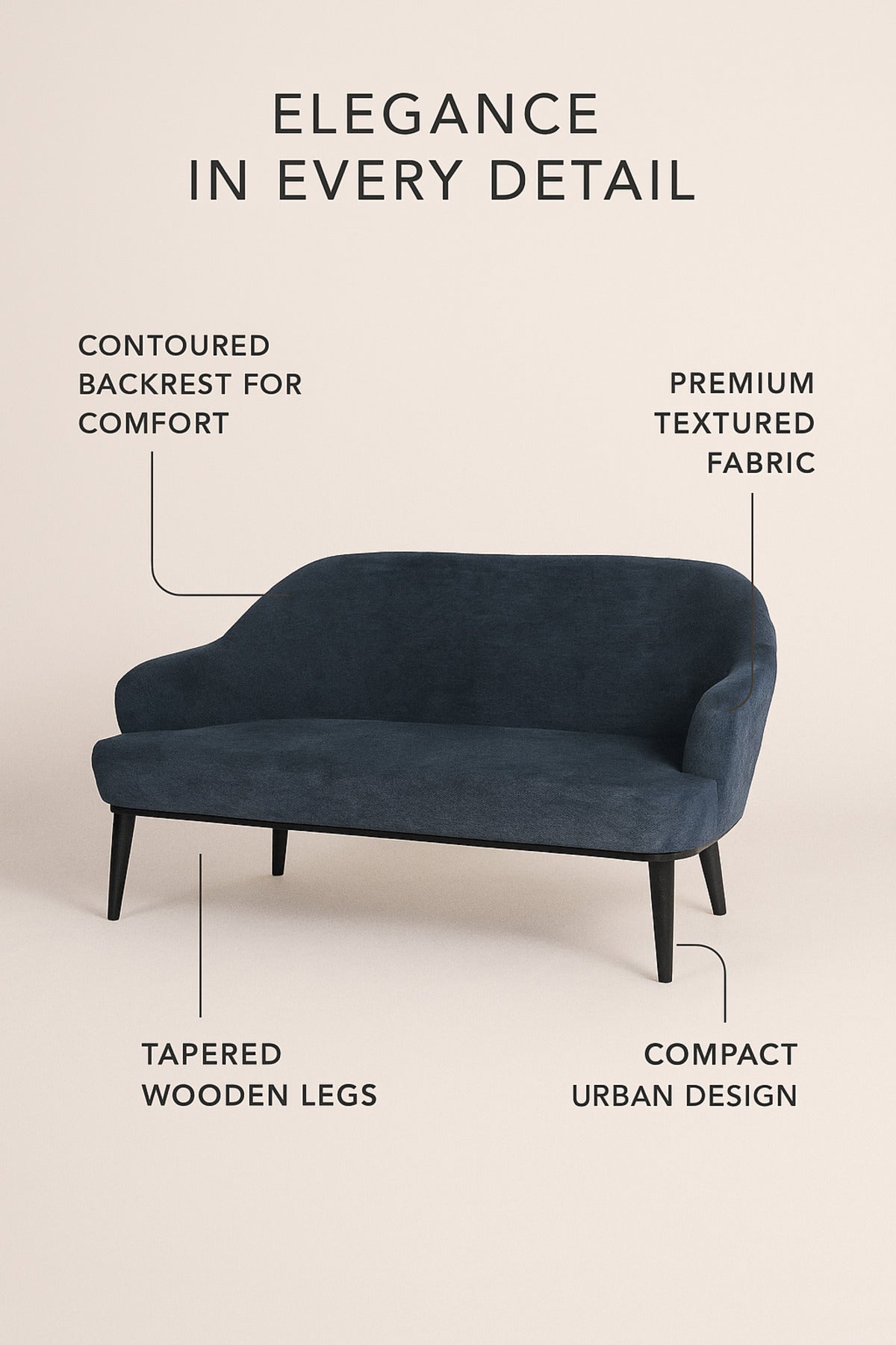 Modern Blue Two-Seater Sofa Ð Elegant Fabric Couch with Minimalist Design & Tapered Legs