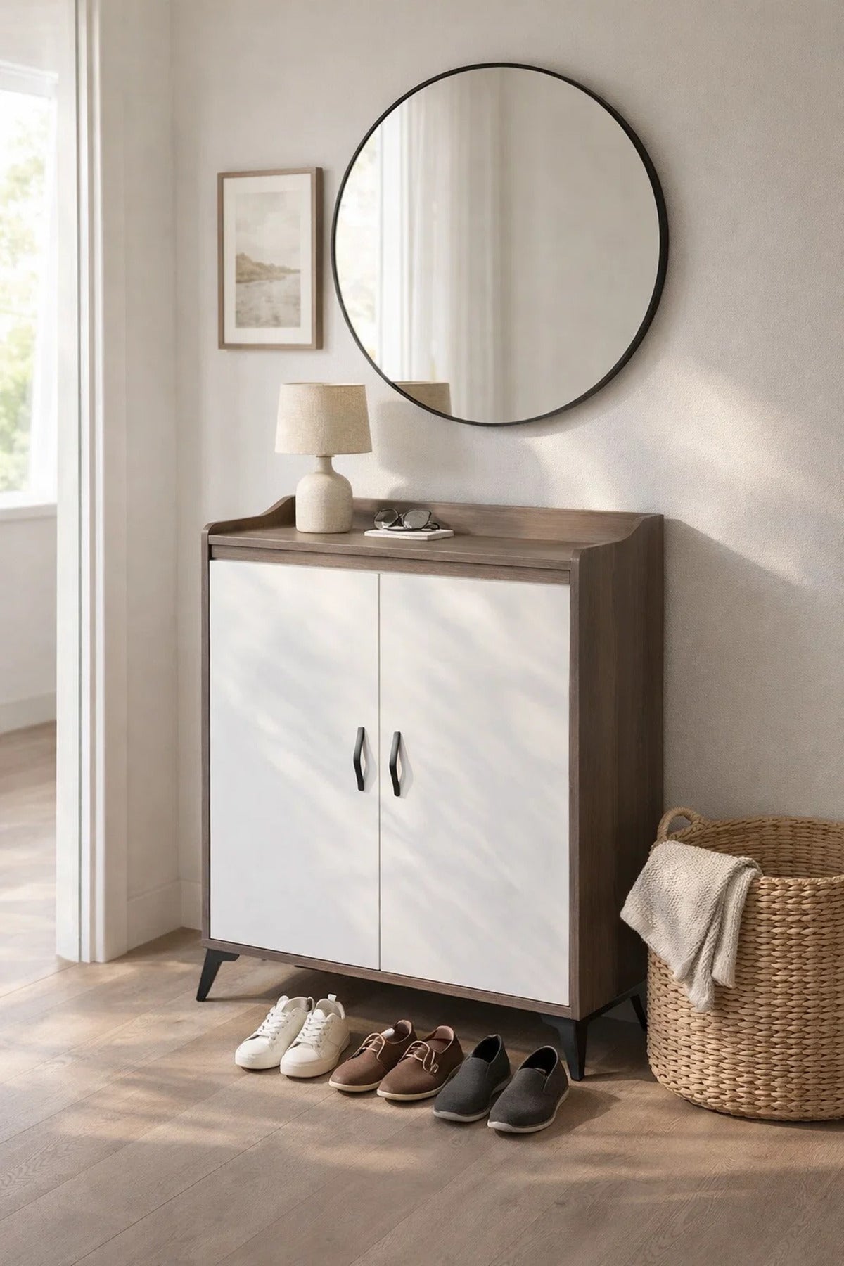Modern Brown and White Shoe Cabinet Two Door Storage Organizer for Entryway Hallway 80x35x95cm