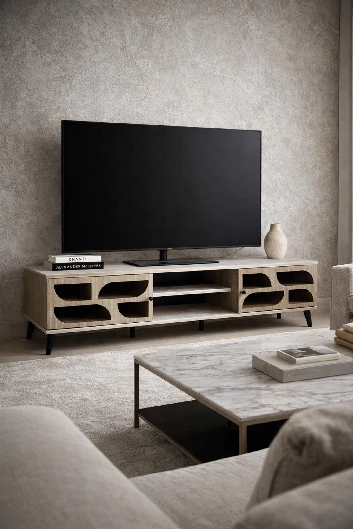 Modern Beige TV Stand Media Console 180cm with Storage for Living Room Entertainment Center Unit