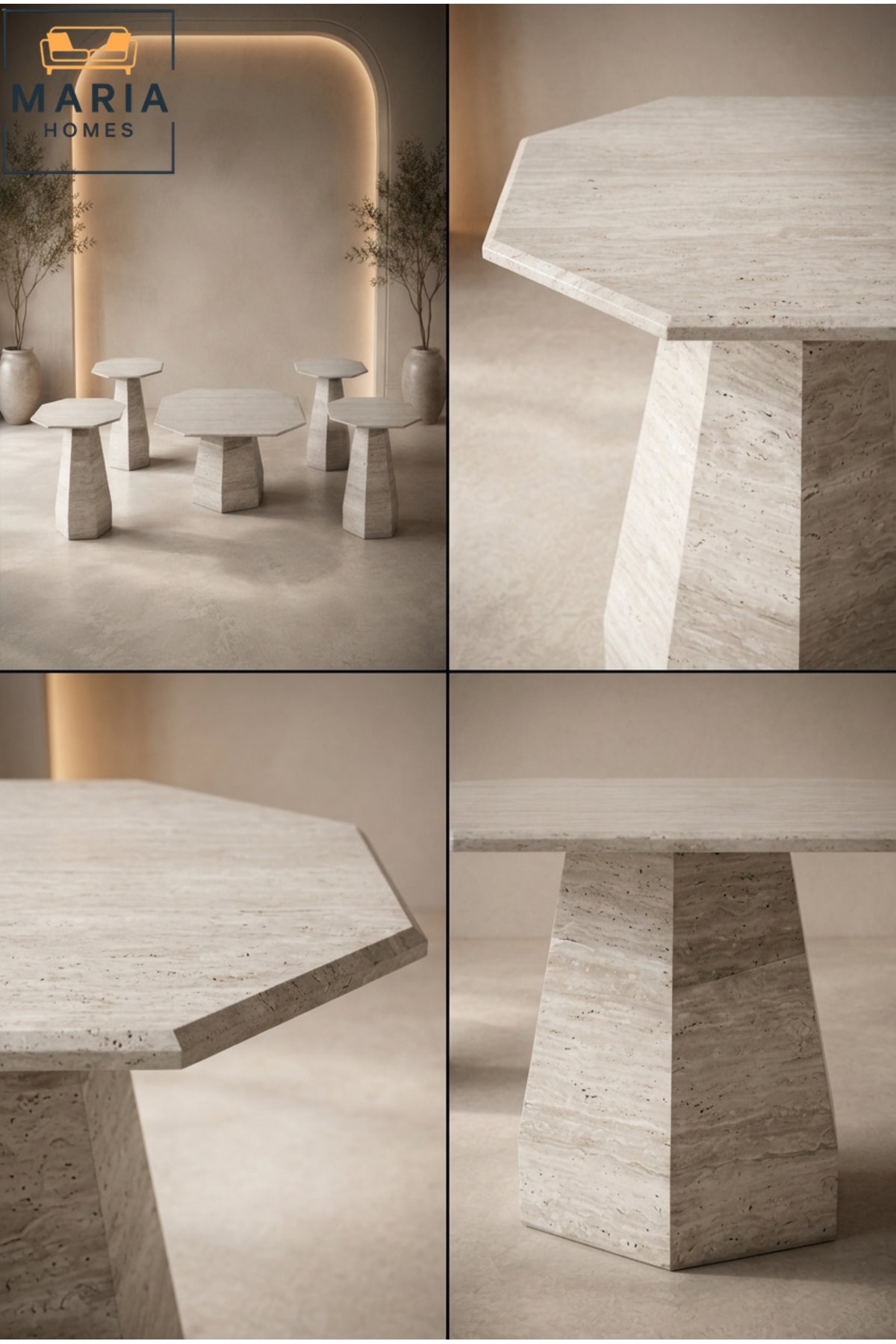 Large Octagonal Center Table √ê Travertine Stone Top with Geometric Pedestal Base