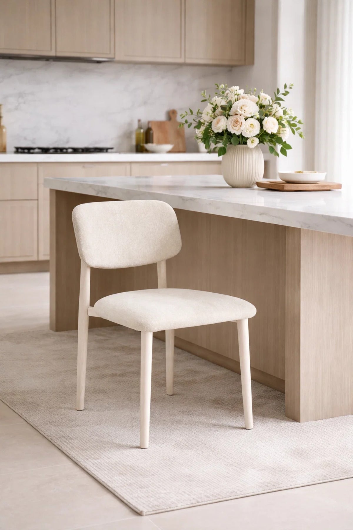 Beige Upholstered Dining Chair with Light Wood Legs Modern Fabric Dining Chair