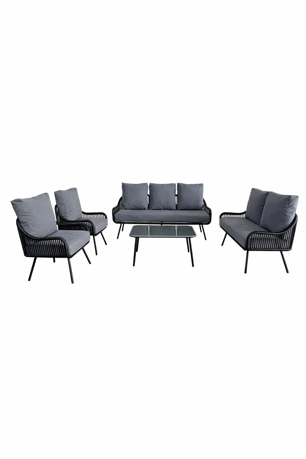 Black and Grey 7Piece Sofa Set with Glass Coffee Table Modern Seating for Indoor or Outdoor Spaces