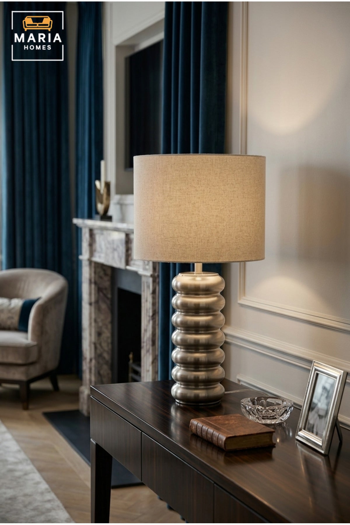 Modern Silver Ribbed Table Lamp with Fabric Drum Shade Sculptural Bedside Light for Bedroom Living Room Office Console Table and Hotel Décor