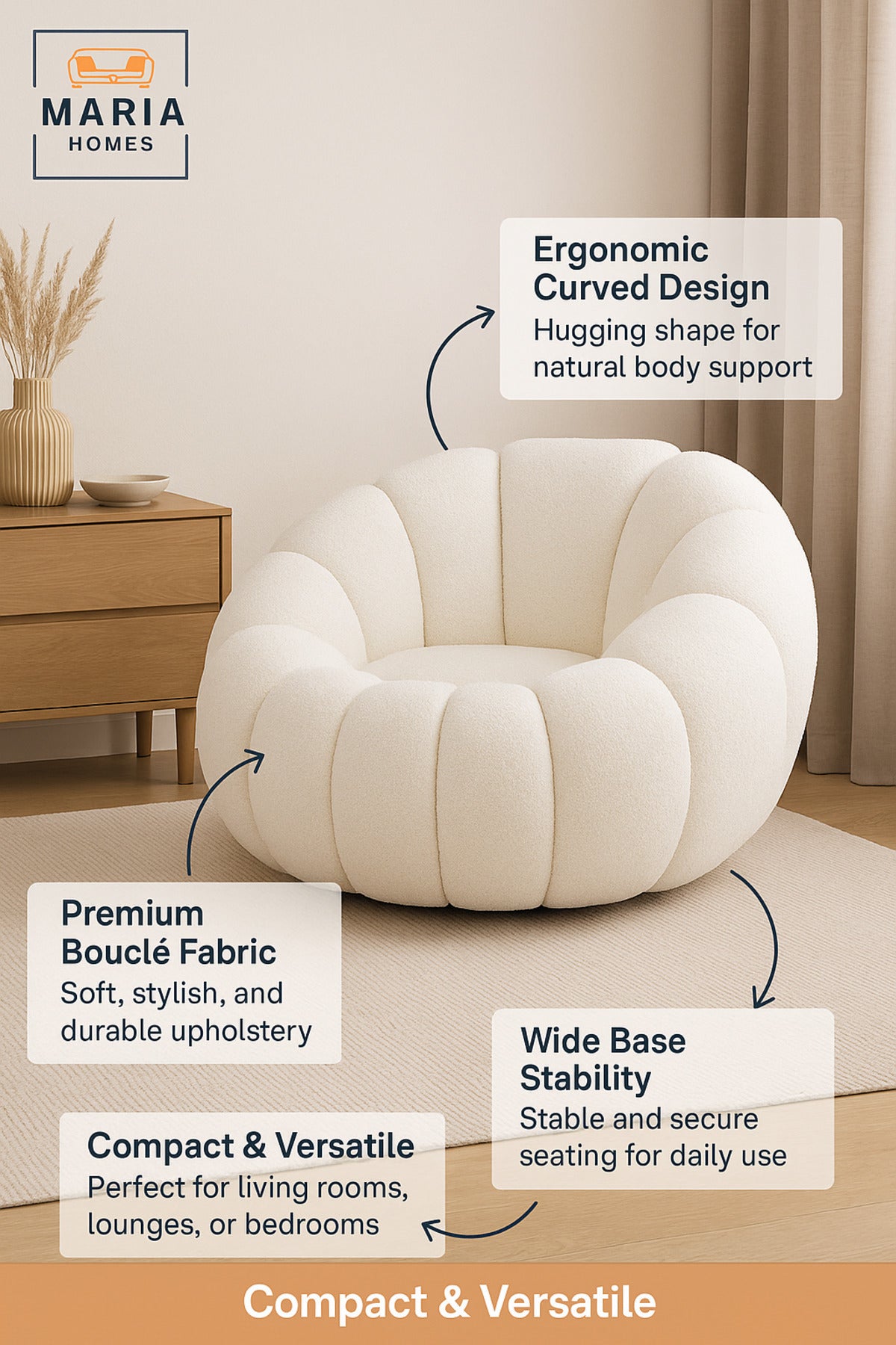 White BouclŽ Cloud Chair Ð Modern Lounge Accent Armchair for Living Room & Bedroom