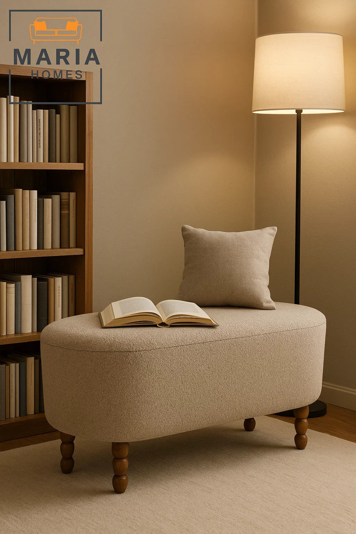 Large Oval Beige Ottoman with Wooden Turned Legs