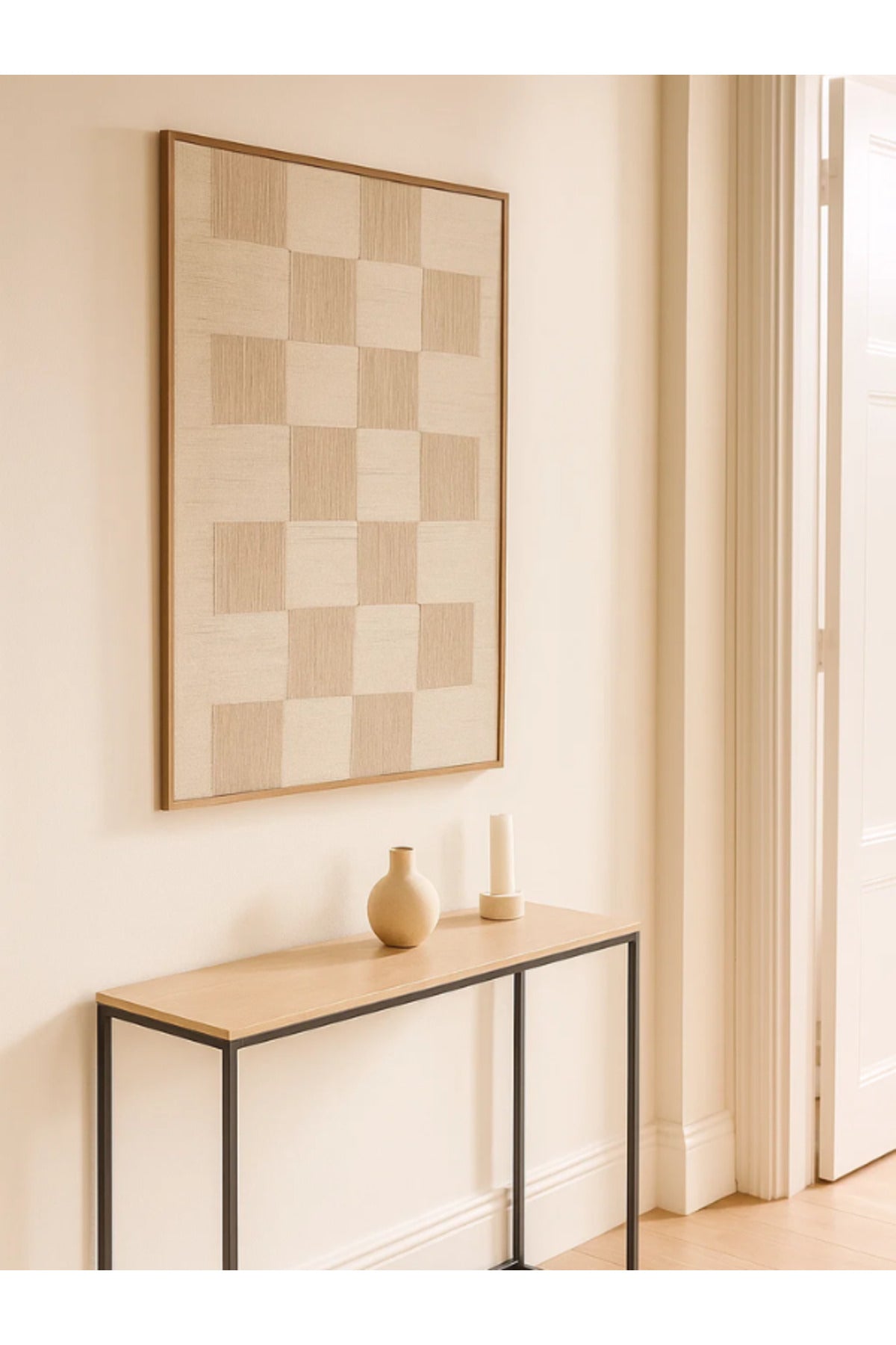 Modern Geometric Wall Art Ð 120_80 cm Beige and Cream Checkered Framed Canvas DŽcor