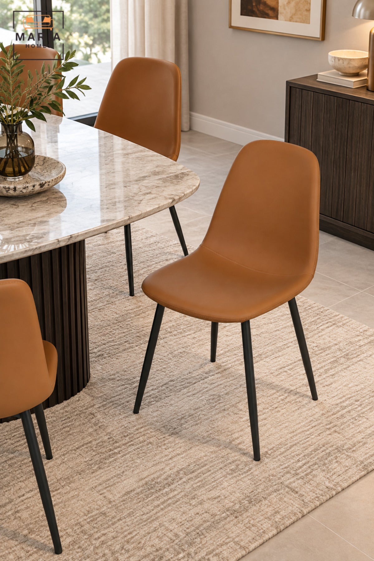 Modern Orange Dining Chair with Padded Upholstered Seat, Curved High Backrest and Slim Black Legs for Dining Room, Kitchen, Café & Restaurant