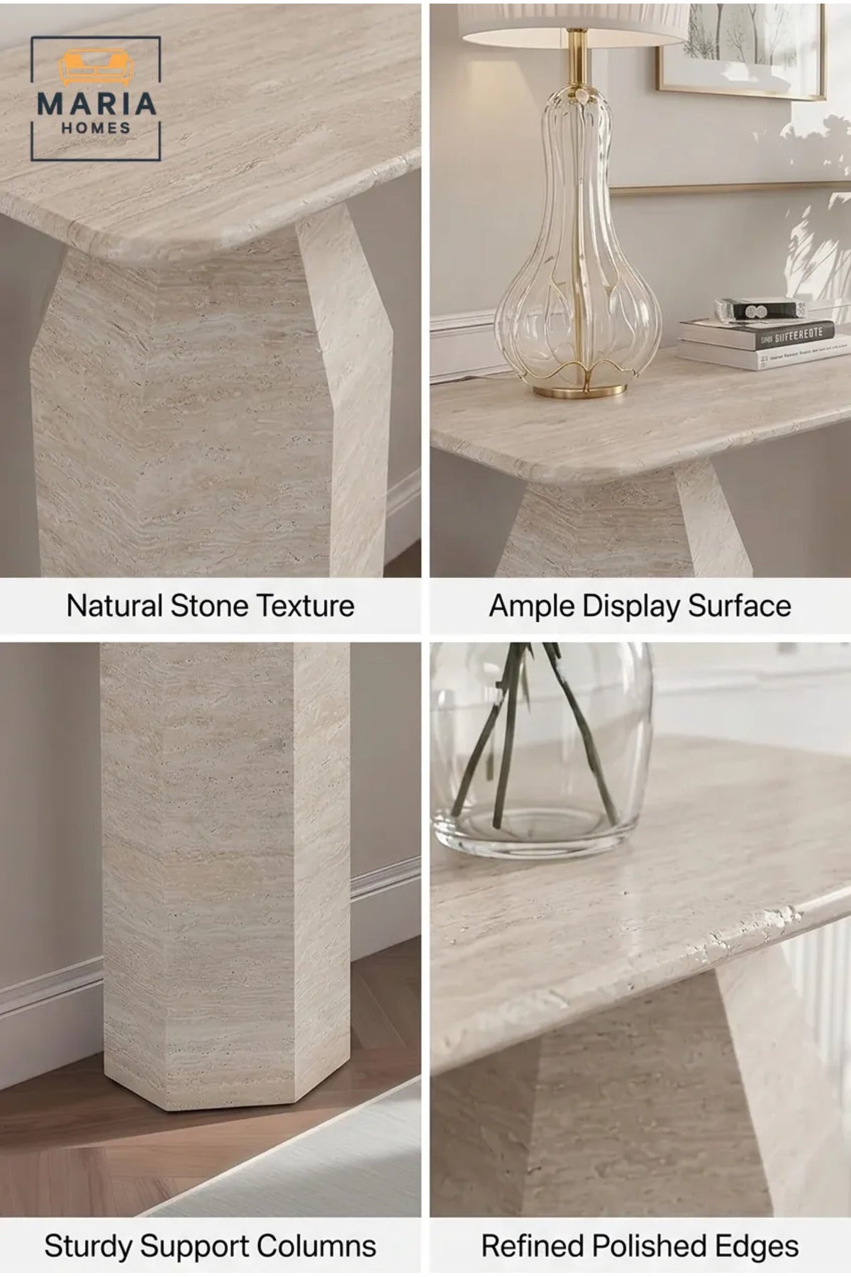 Modern Travertine Console Table √ê 120 cm Entryway Hall Table with Dual Pedestal Base, Luxury Sofa Table for Living Room, Hallway & Foyer