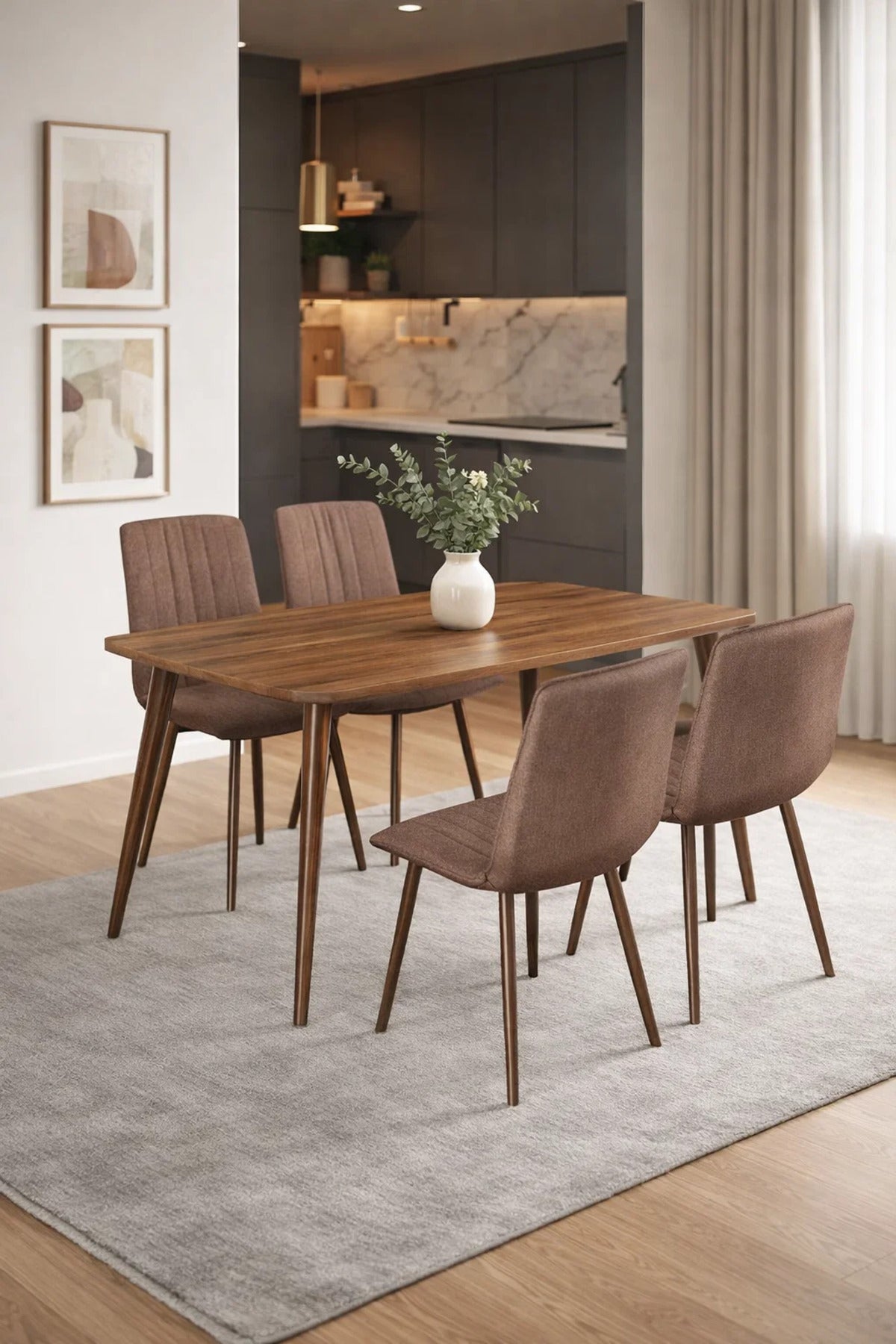 Modern 5-Piece Dining Set with 130cm Wooden Table and 4 Brown Fabric Chairs for Dining Room