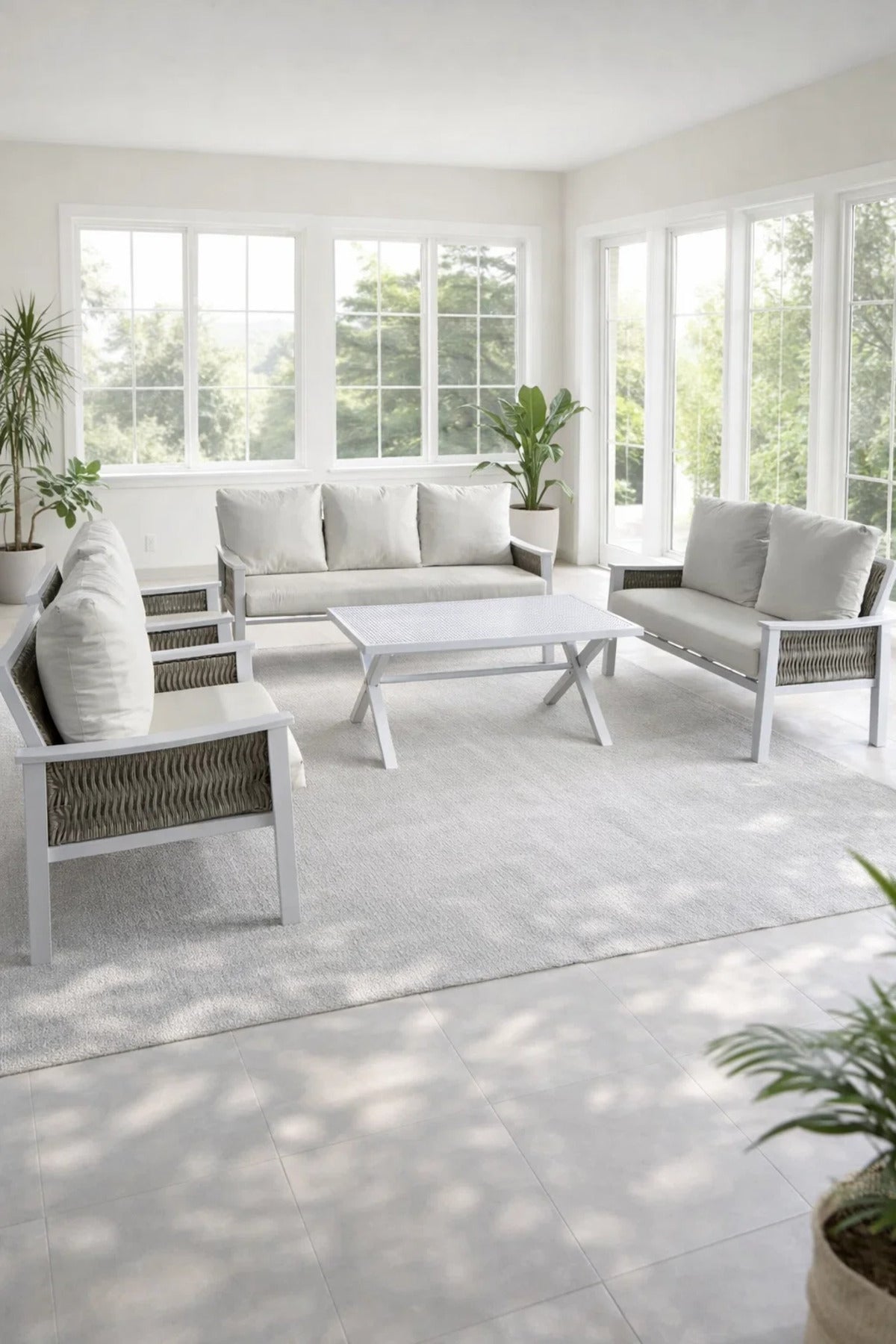 Elegant White and Beige 7-Piece Sofa Set with Coffee Table √ê Modern Outdoor or Indoor Living