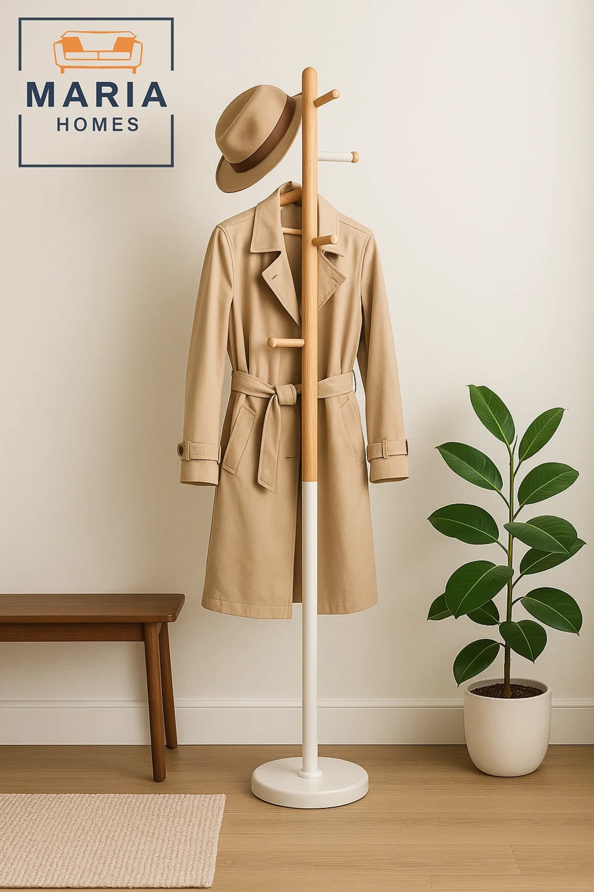 Minimalist Wood and Metal Coat Rack with Side Peg Hooks