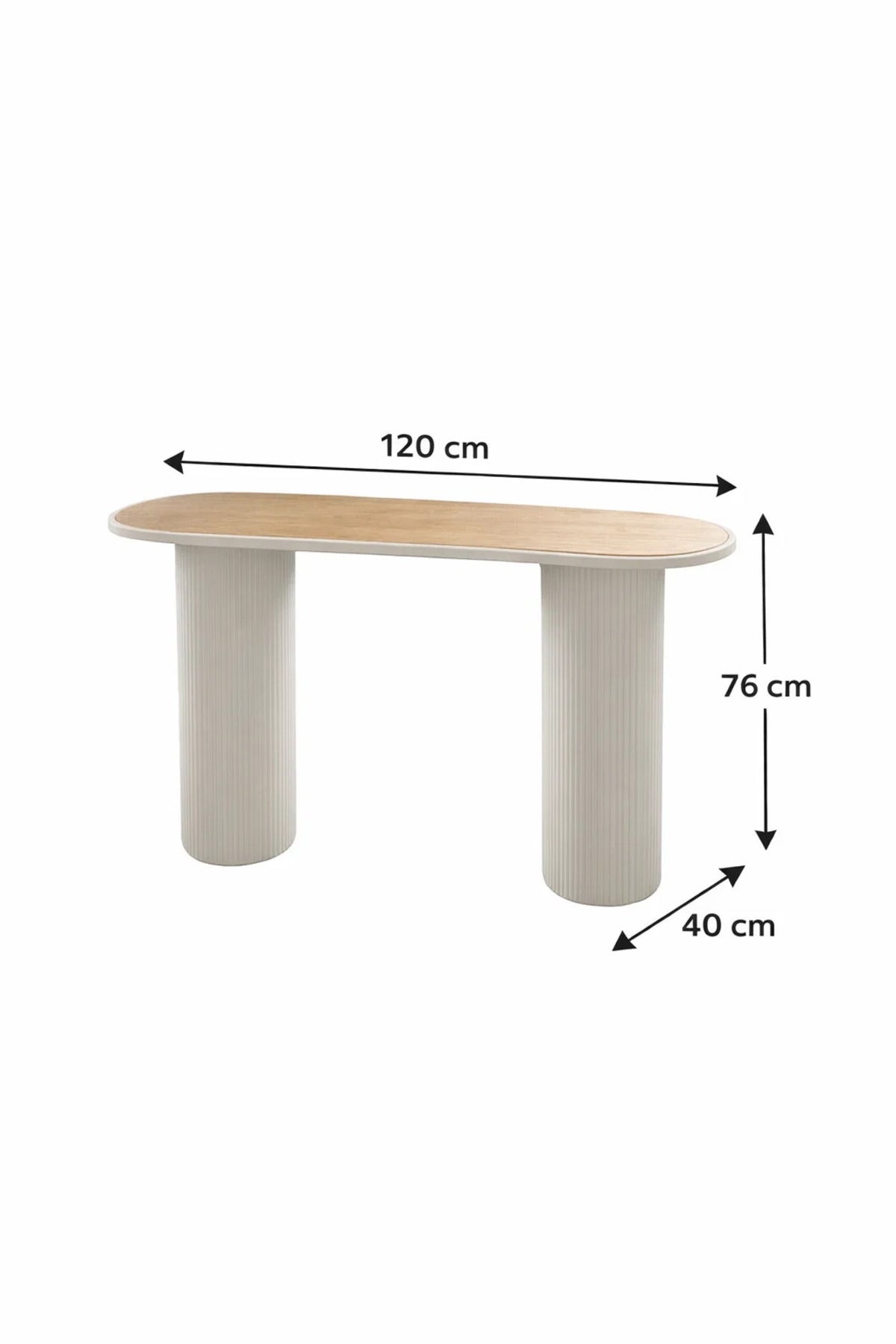 Modern Oval Console Table Beige Ribbed Pillar Legs Natural Wood Top Entryway Living Room 120cm