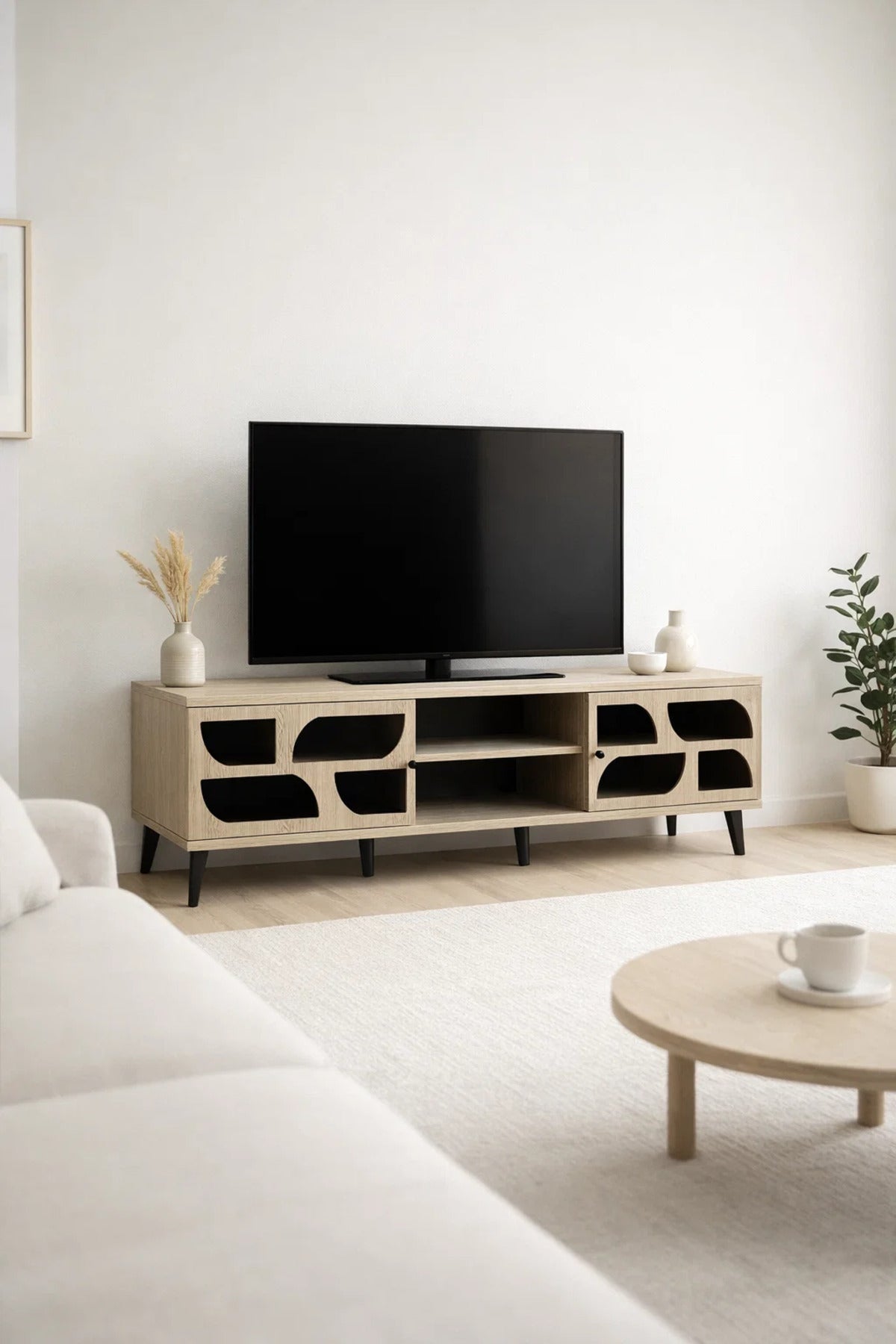 Modern Beige TV Table 160cm Wide Media Stand with Geometric Black Detail for Stylish Living Rooms