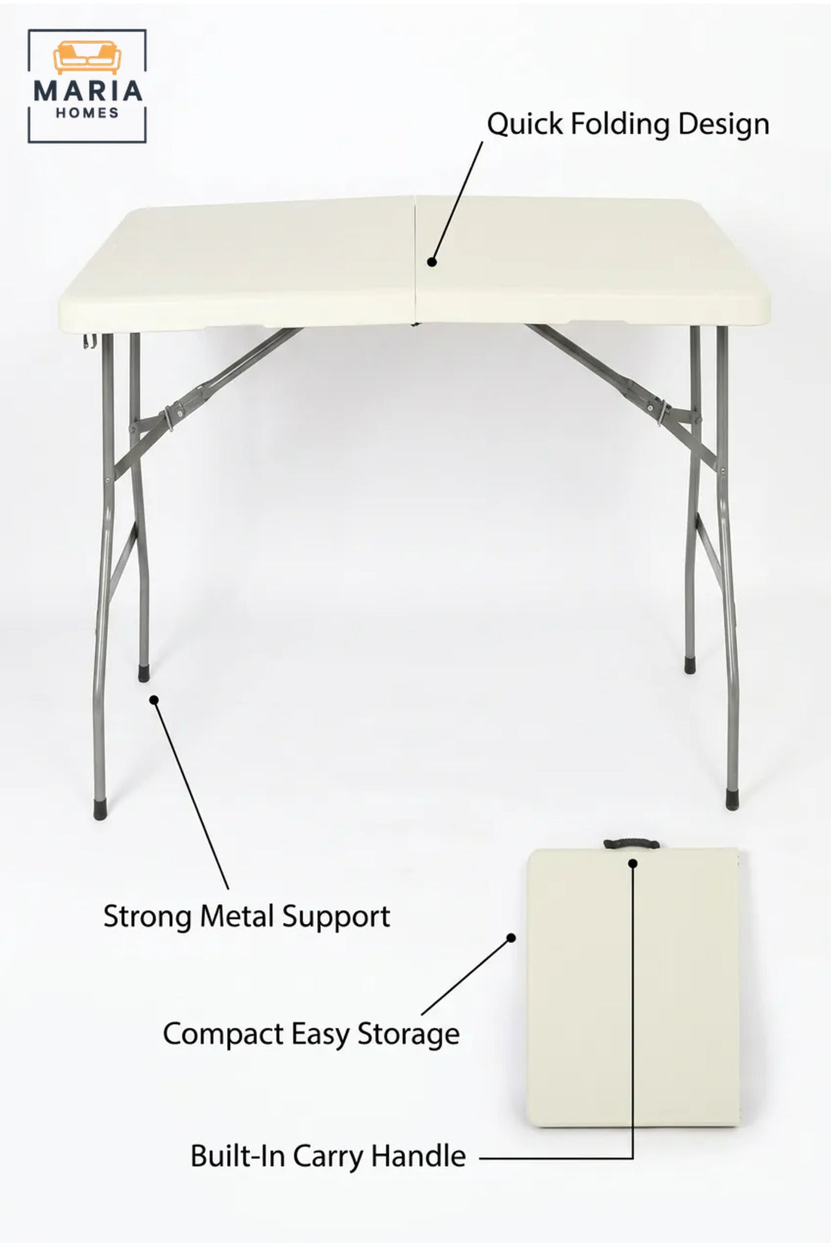 Large Portable Folding Table with Carry Handle and Metal Legs, Multipurpose Table for Camping, Picnic, Garden, Events, Catering and Indoor Use