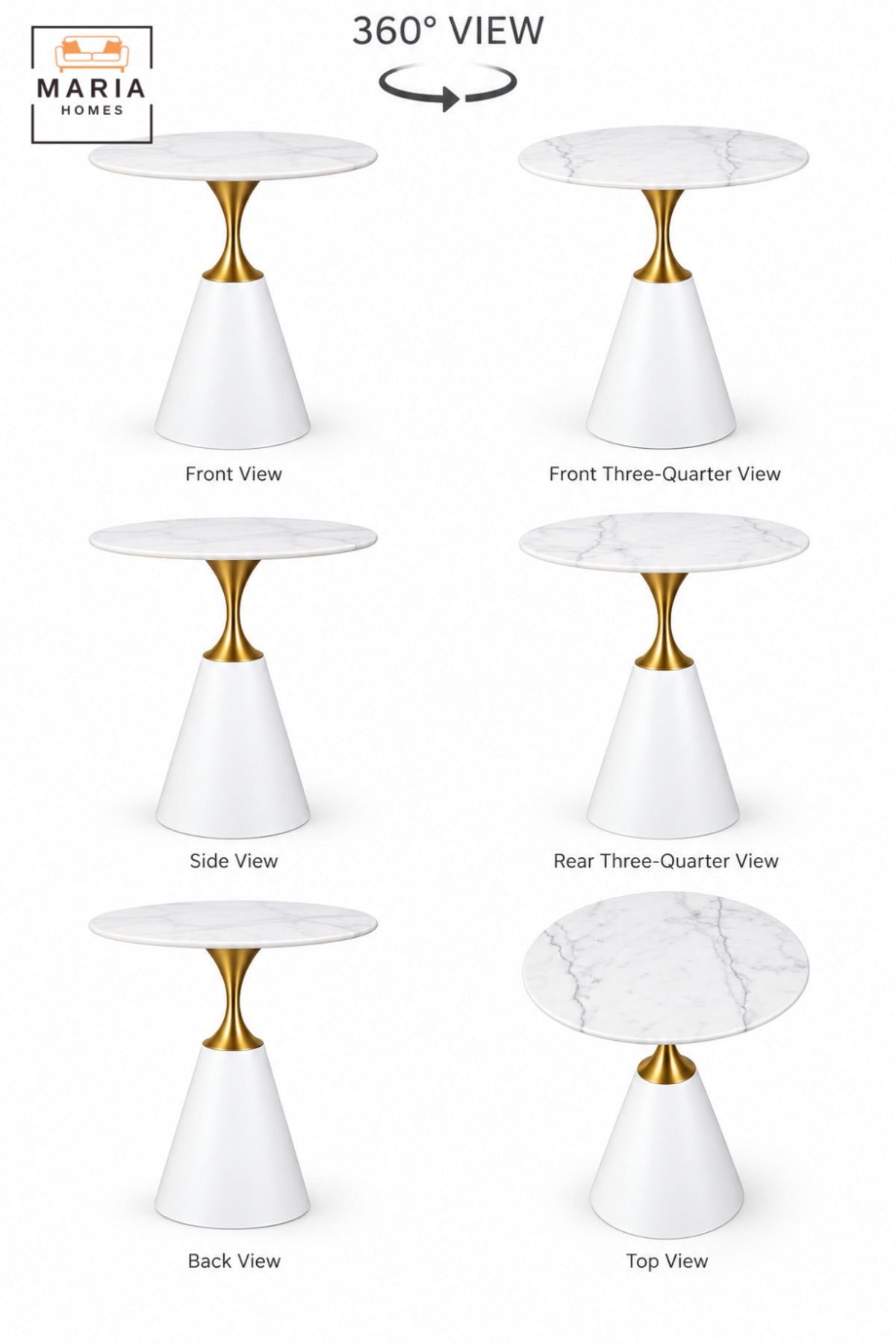 Modern Round Side Table with White Marble-Effect Top, White Cone Pedestal Base and Gold Accent for Living Room & Bedroom – 60 × 67.5 CM