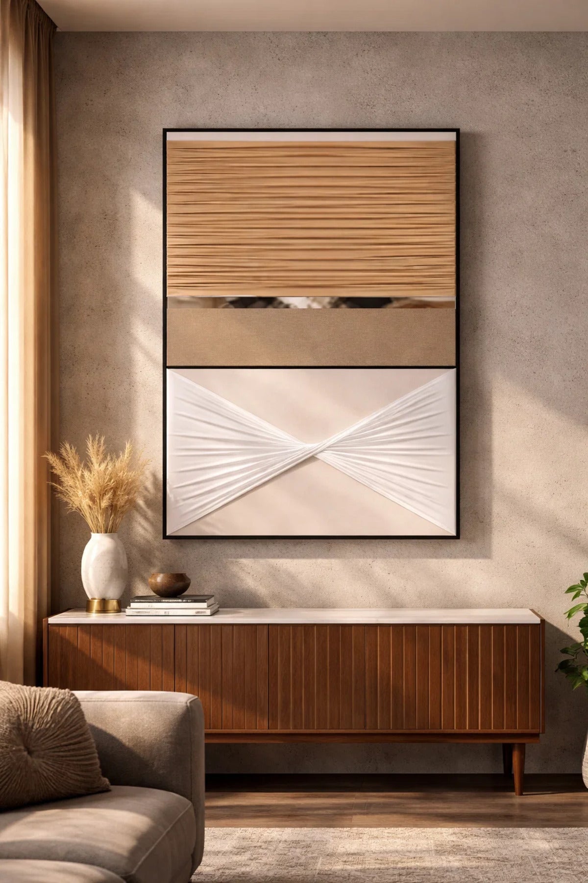 Textured Wall Art 150_100 cm Ð Elegant Design with Fabric and Mirror Accents