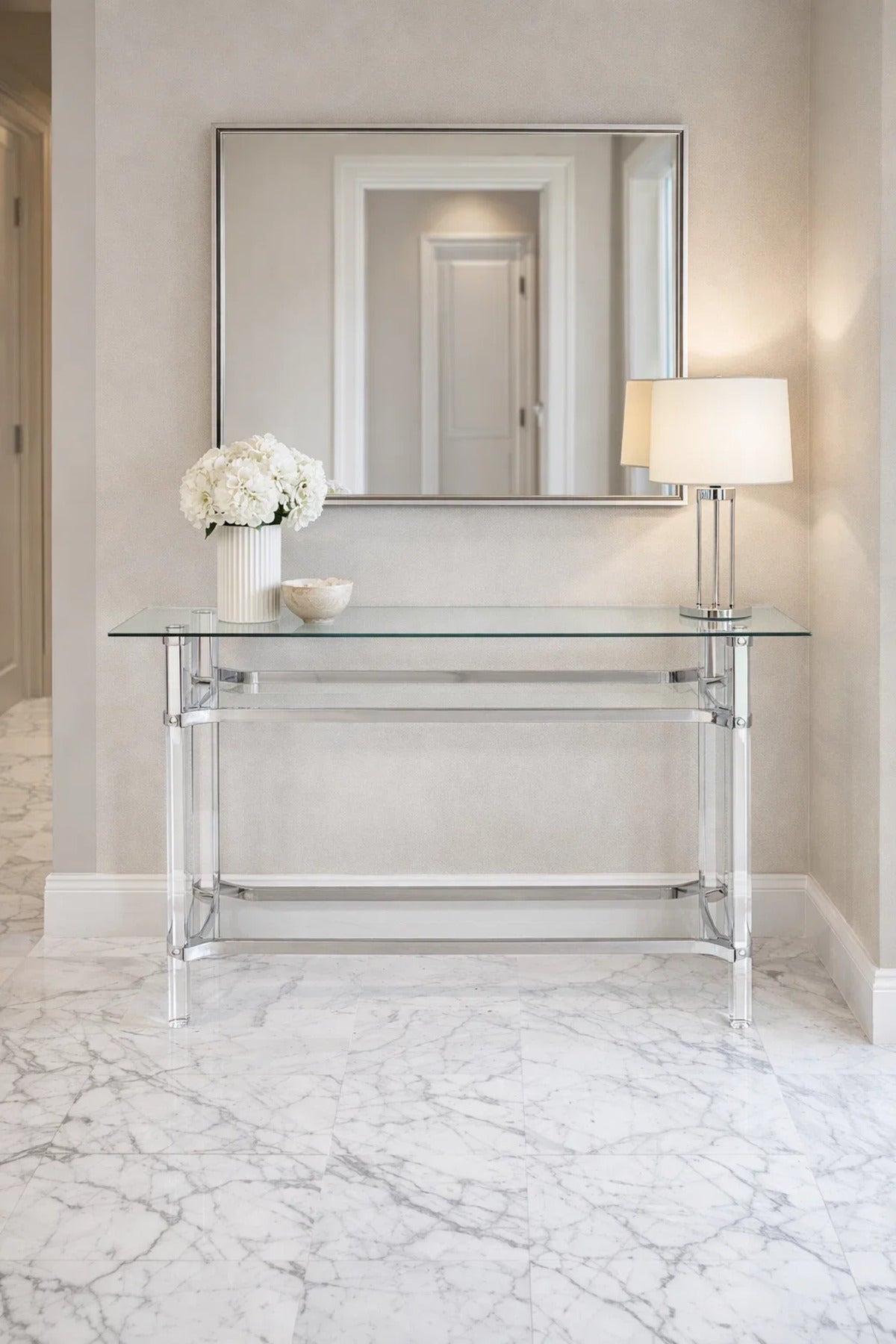 Modern Silver Chrome Acrylic Console Table Glass Top for Entryway Hallway Living Room Accent Decor
