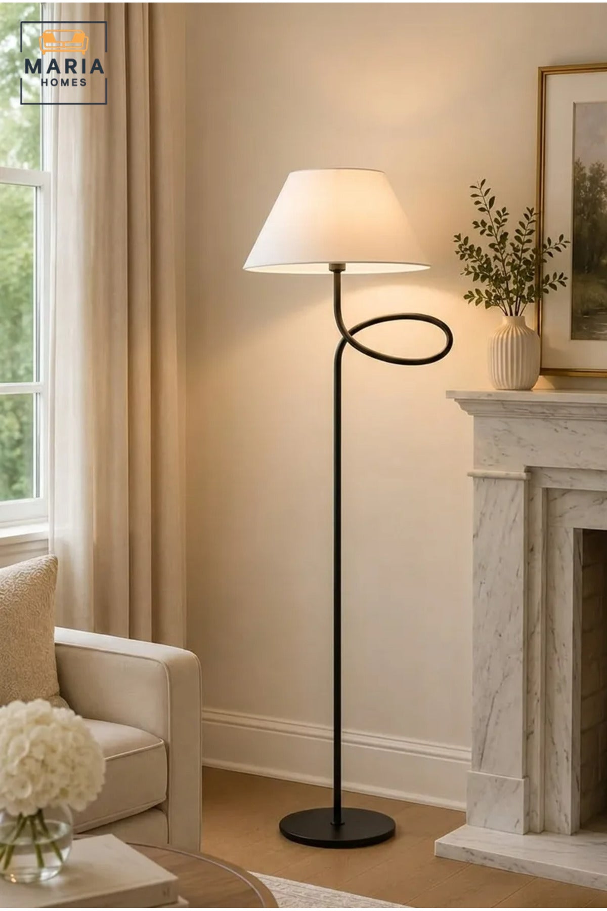 Modern Floor Lamp with Fabric Shade and Sculptural Loop Frame, Freestanding Decorative Light for Living Room, Bedroom, Reading Corner and Office