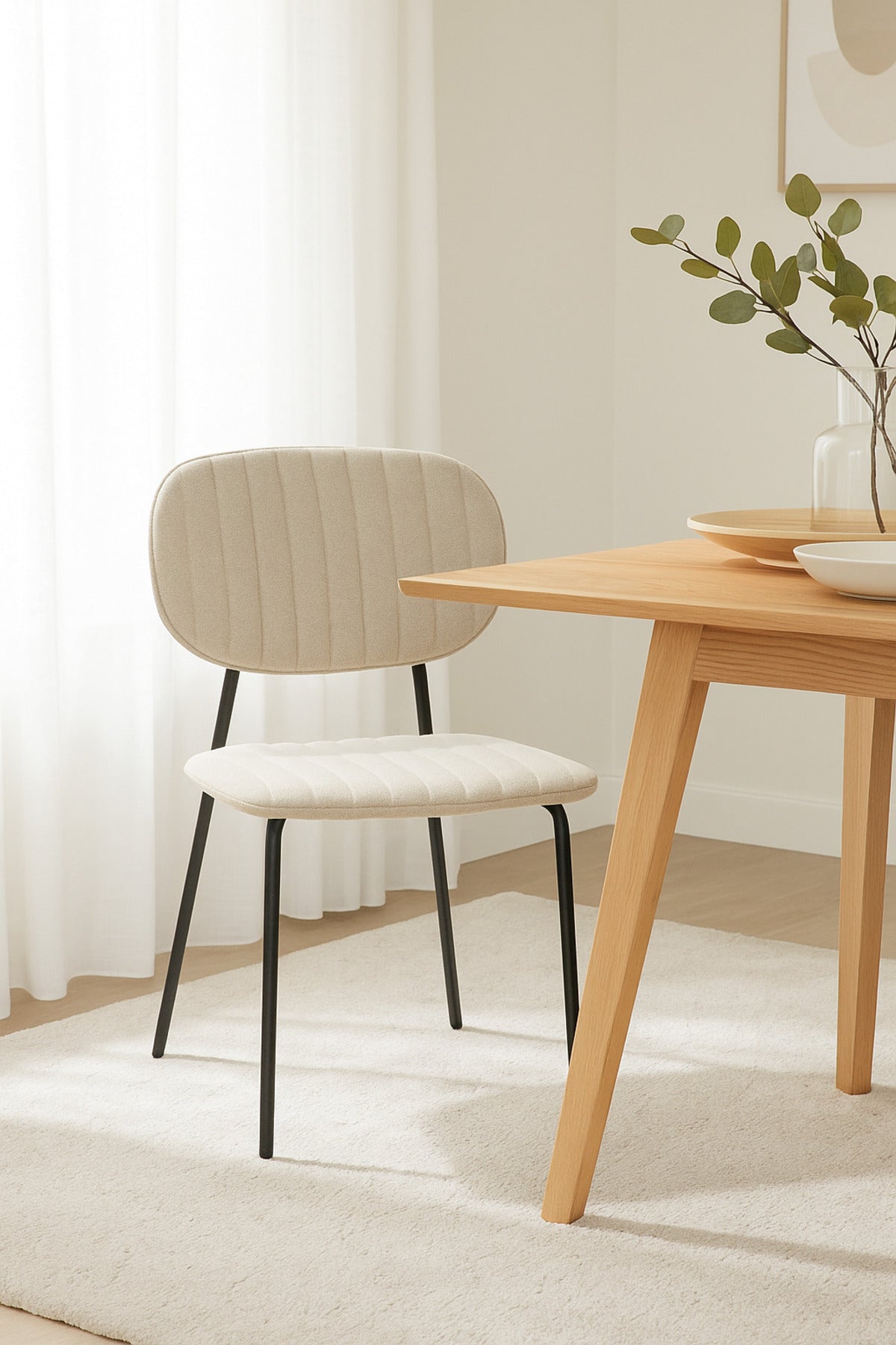 Beige Fabric Dining Chair Ð Modern Minimalist Chair with Black Metal Legs for Dining Room