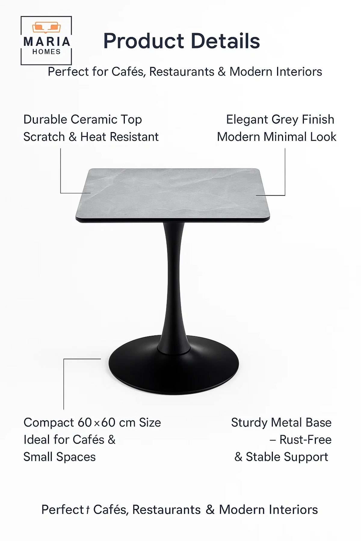 Rectangular Grey Dining Table √ê Modern Caf≈Ω, Restaurant, Office & Home Metal Furniture 60_60 cm