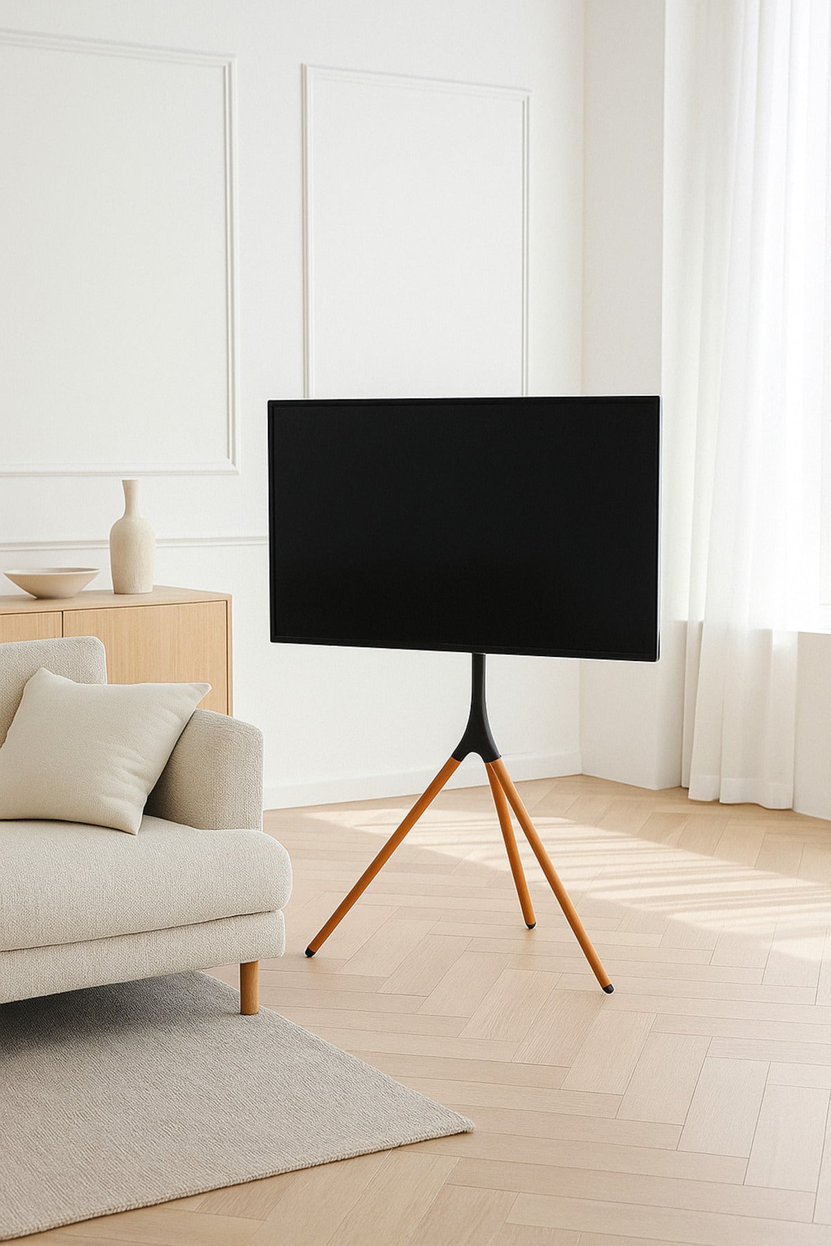 Black & Dark Wood Tripod TV Stand √ê Modern Adjustable Floor Stand for 32_√ê65_ TVs