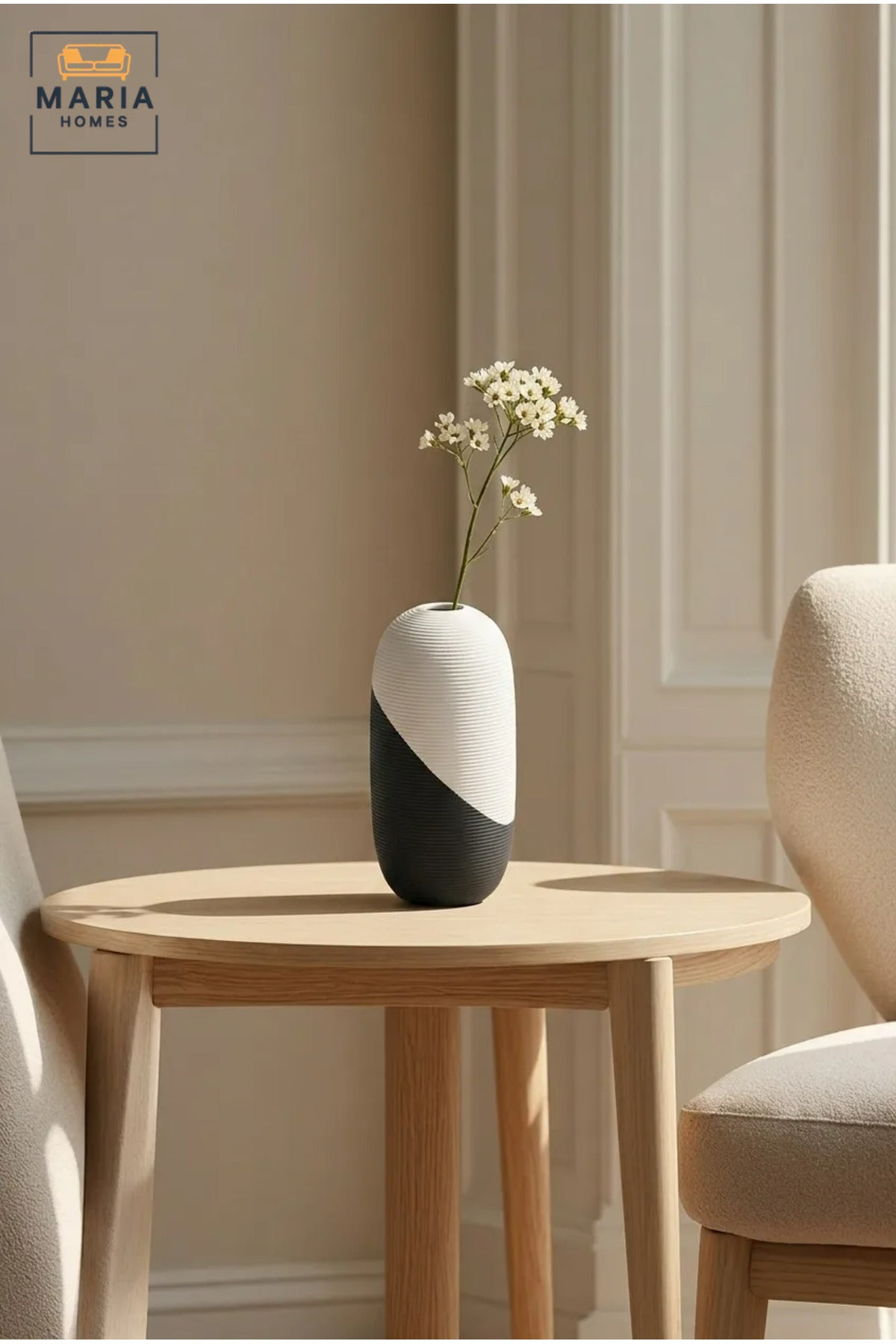 Modern Decorative Flower Vase with Two-Tone Abstract Design, Oval Shape and Ribbed Texture for Living Room, Bedroom, Office, Shelf and Console Décor