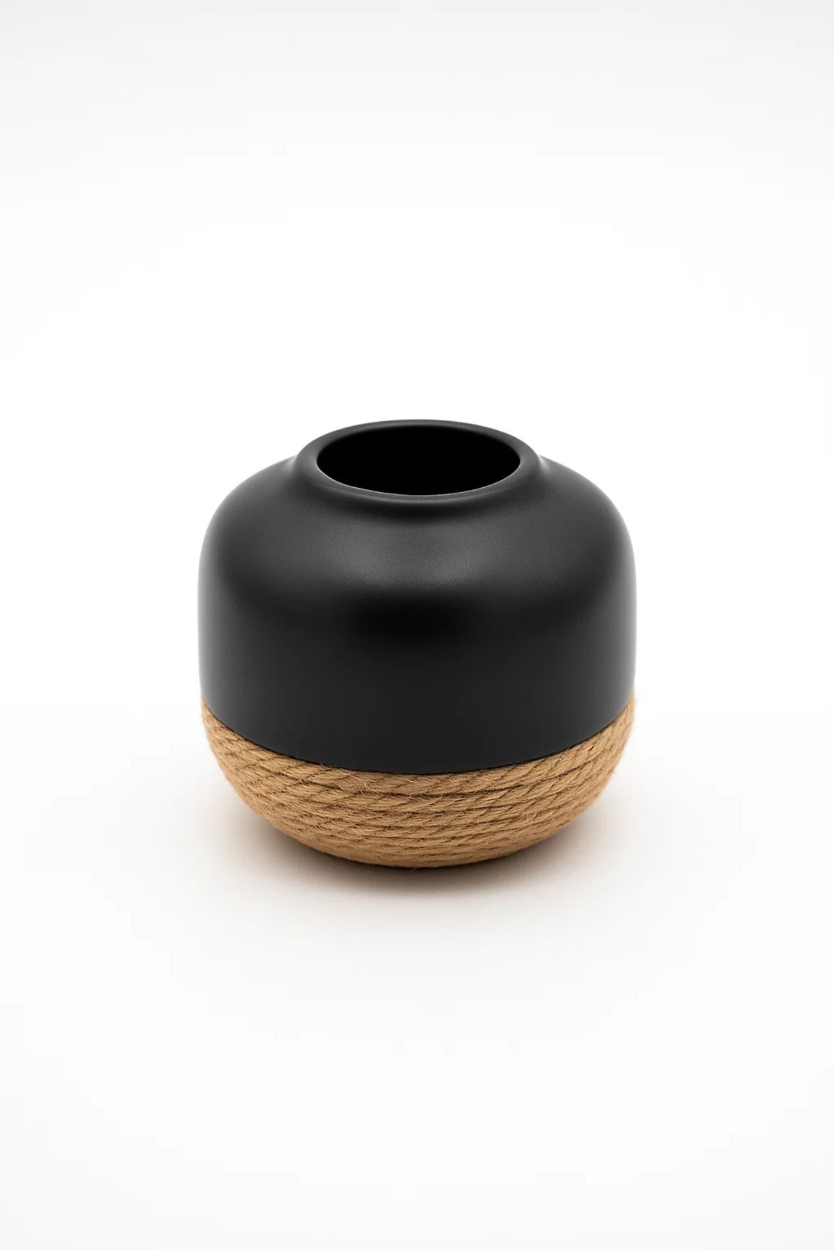 Black Ceramic Round Vase Ð Modern Rope Design Decorative Flower Pot for Home and Office DŽcor