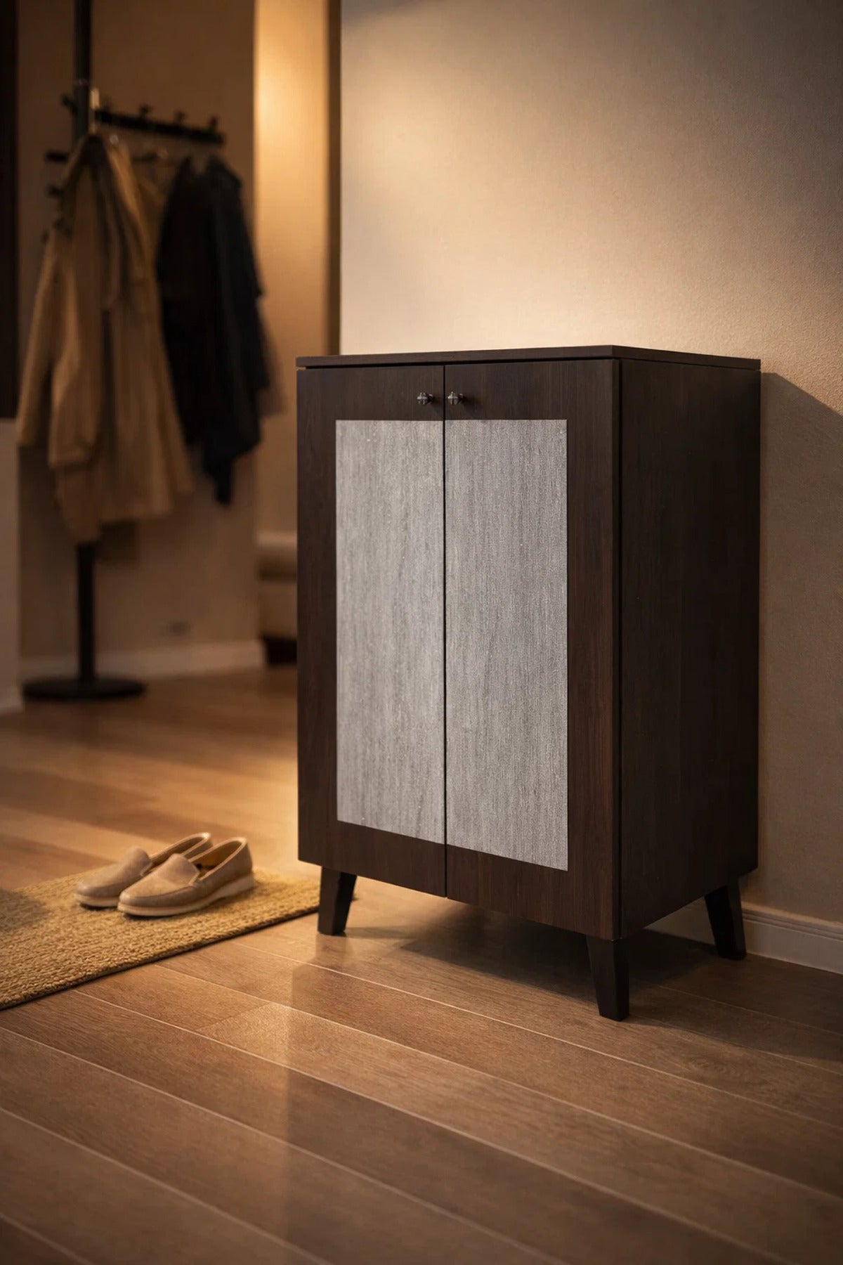 Modern 2-Door Wooden Shoe Cabinet Storage Organizer for Hallway Entryway Brown and Grey Finish