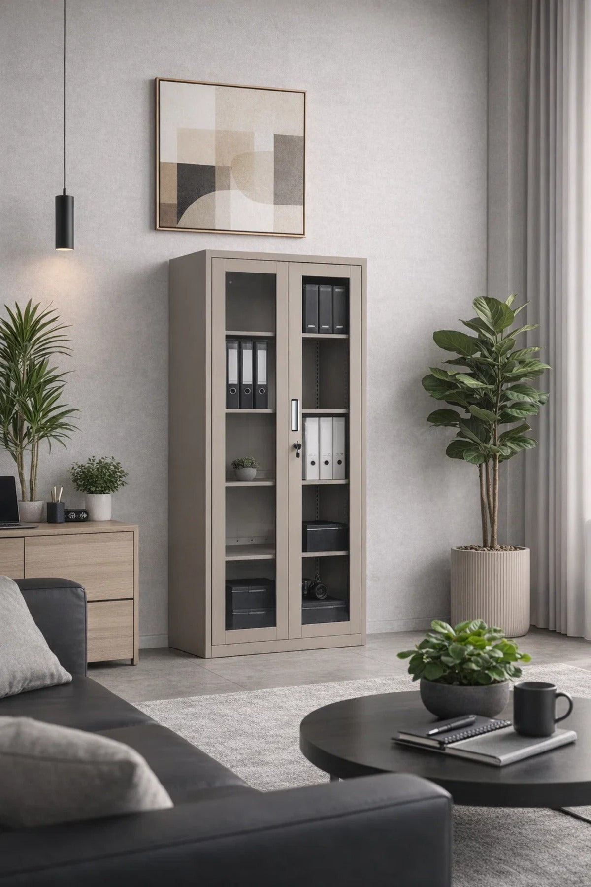 Premium Beige Metal Storage Cabinet with Glass Doors for Office Organization Secure Locking System