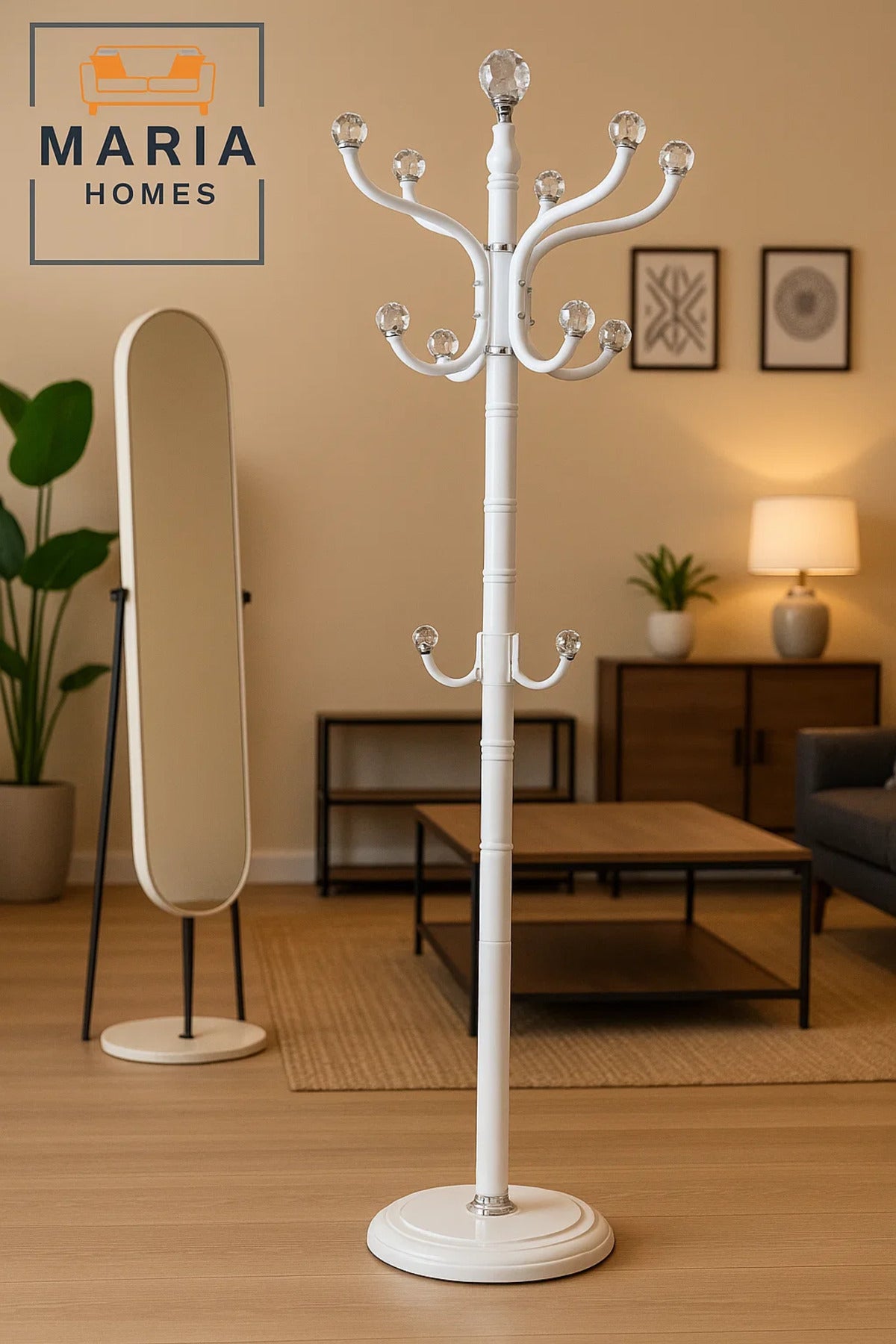 Freestanding White Metal Coat Rack with Multiple Chrome Hooks