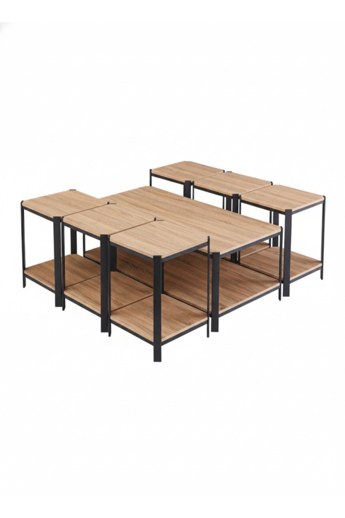 Modern Wood Coffee Table Set with 6 Side Tables and Storage Shelves modern wood coffee