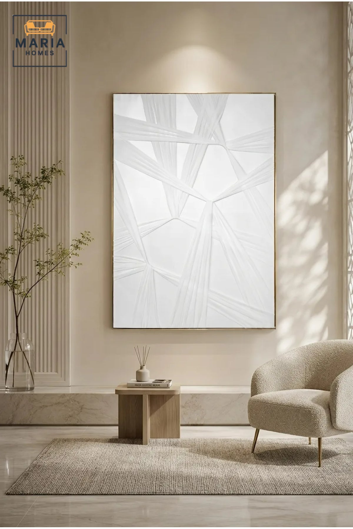 Modern White Geometric Textured Wall Art √ê Minimalist Abstract Framed Decorative Painting for Living Room, Bedroom & Office D≈Ωcor