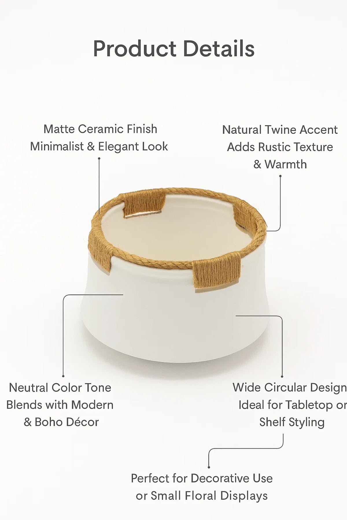 White Ceramic Rope Design Bowl Planter Ð Modern Decorative Pot with Twine for Home and Office DŽcor
