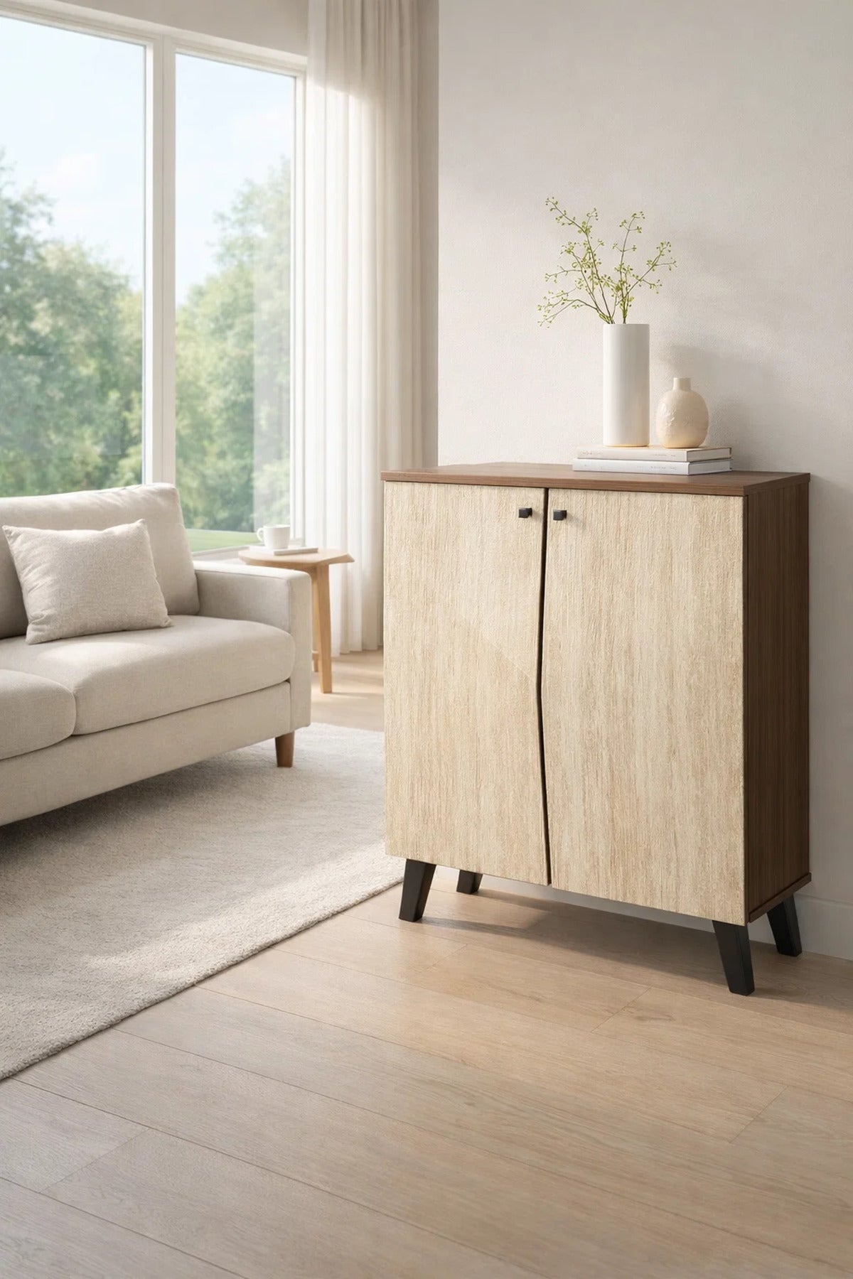 Dark Brown and Beige Shoe Cabinet with Minimal Design 80 x 32 x 93 cm