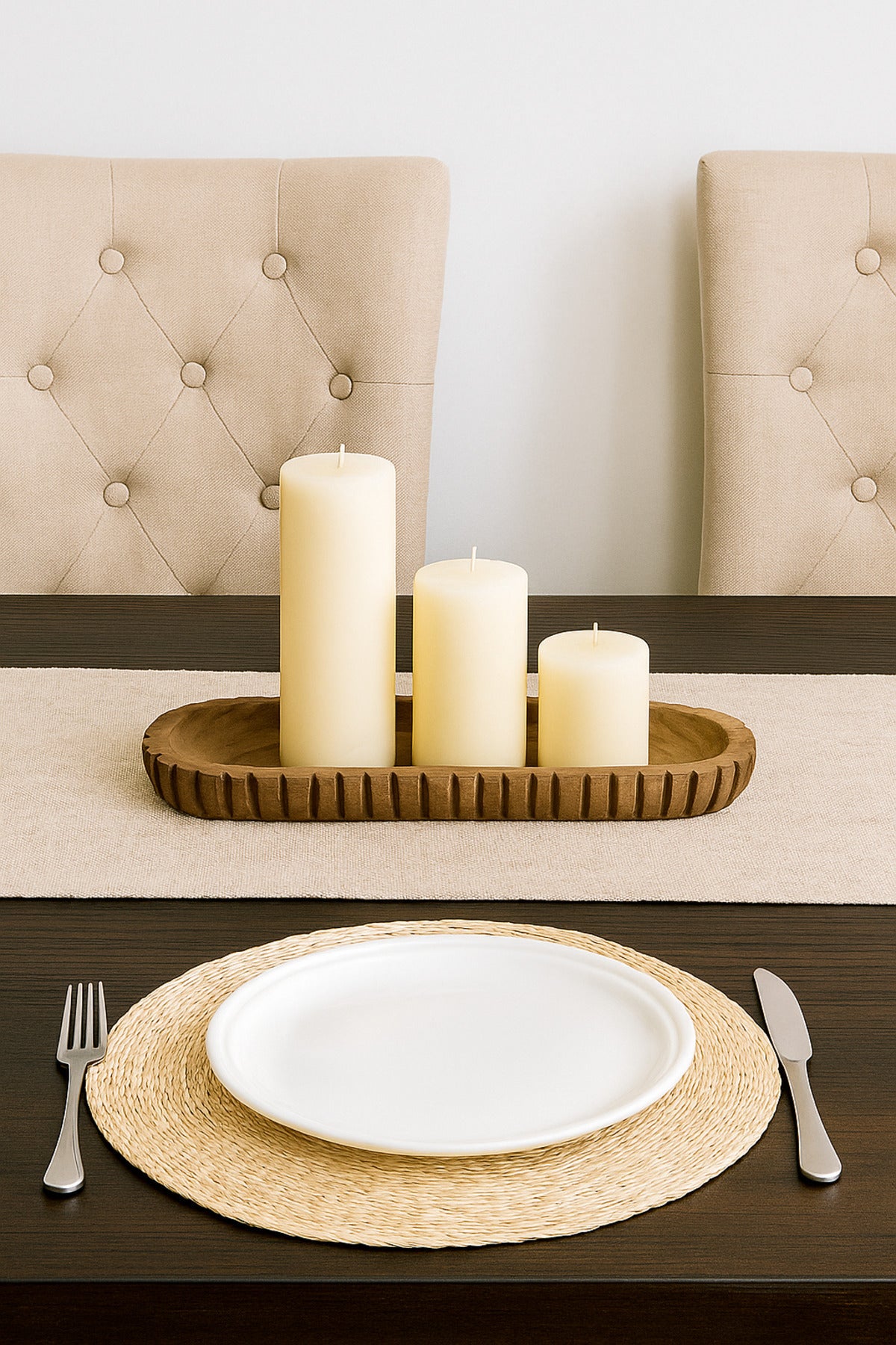 Walnut Wooden Ribbed Decorative Tray Ð Modern Long Table Centerpiece