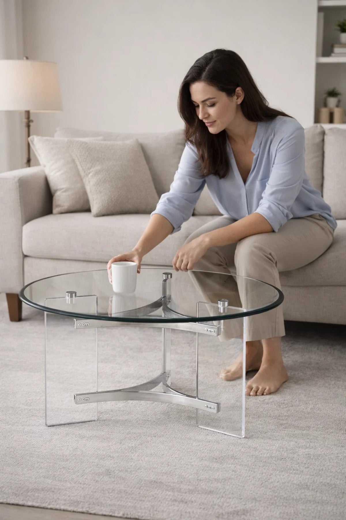 Luxury Round Glass Center Table with Transparent Acrylic Base and Silver Details for Home 90cm