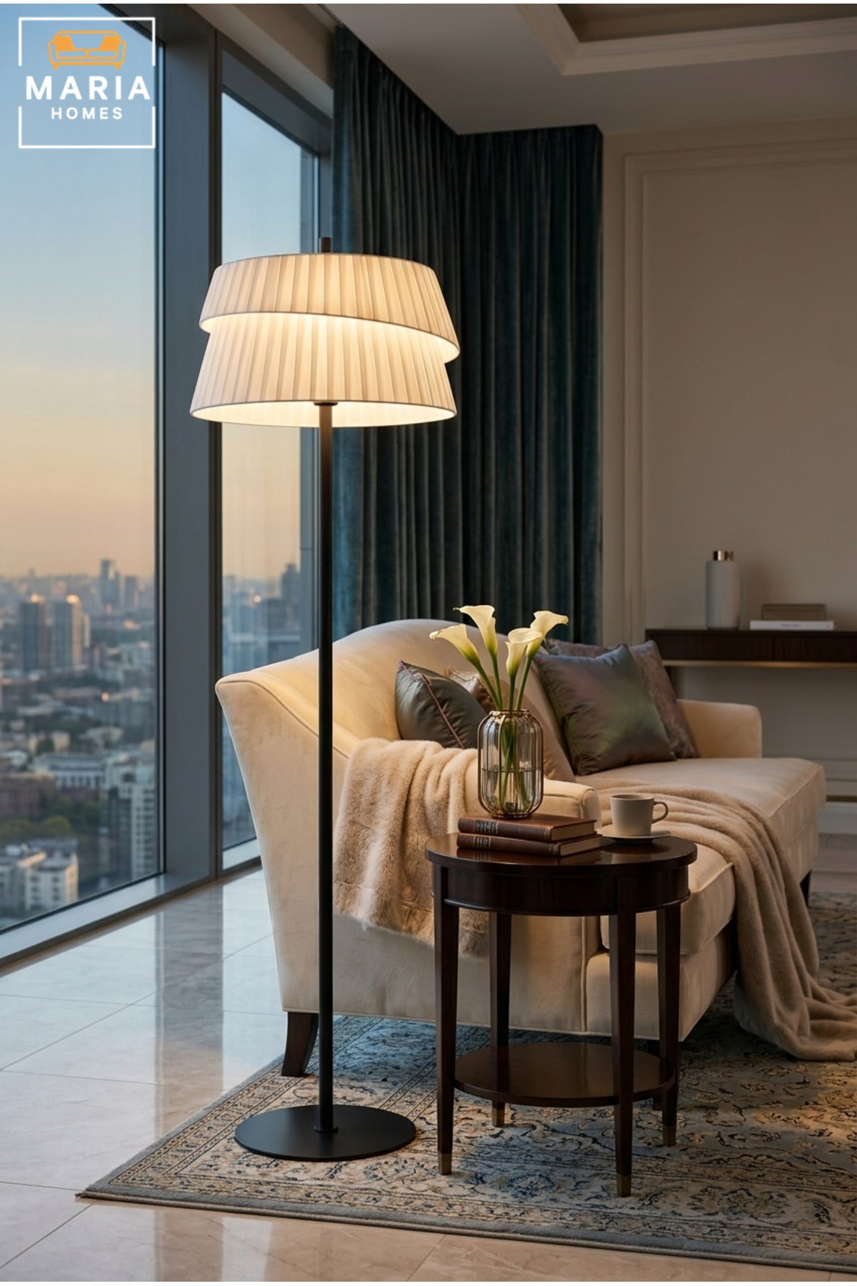 Modern Floor Lamp with Layered Pleated Fabric Shade, Slim Upright Stand and Round Base Decorative Standing Light for Living Room Bedroom Office and Hotel