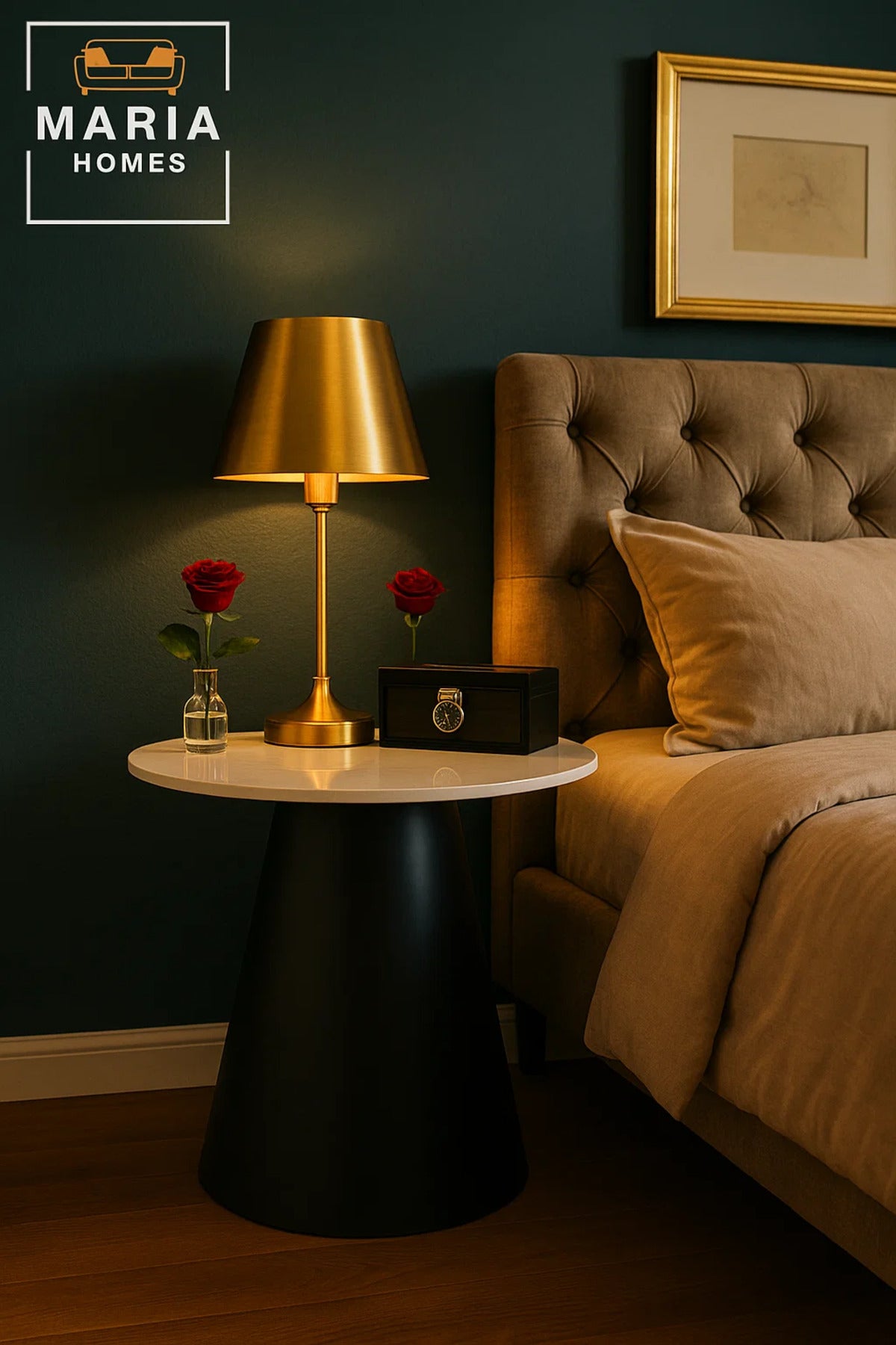 Minimalist Round White Top Table with Black Tapered Base