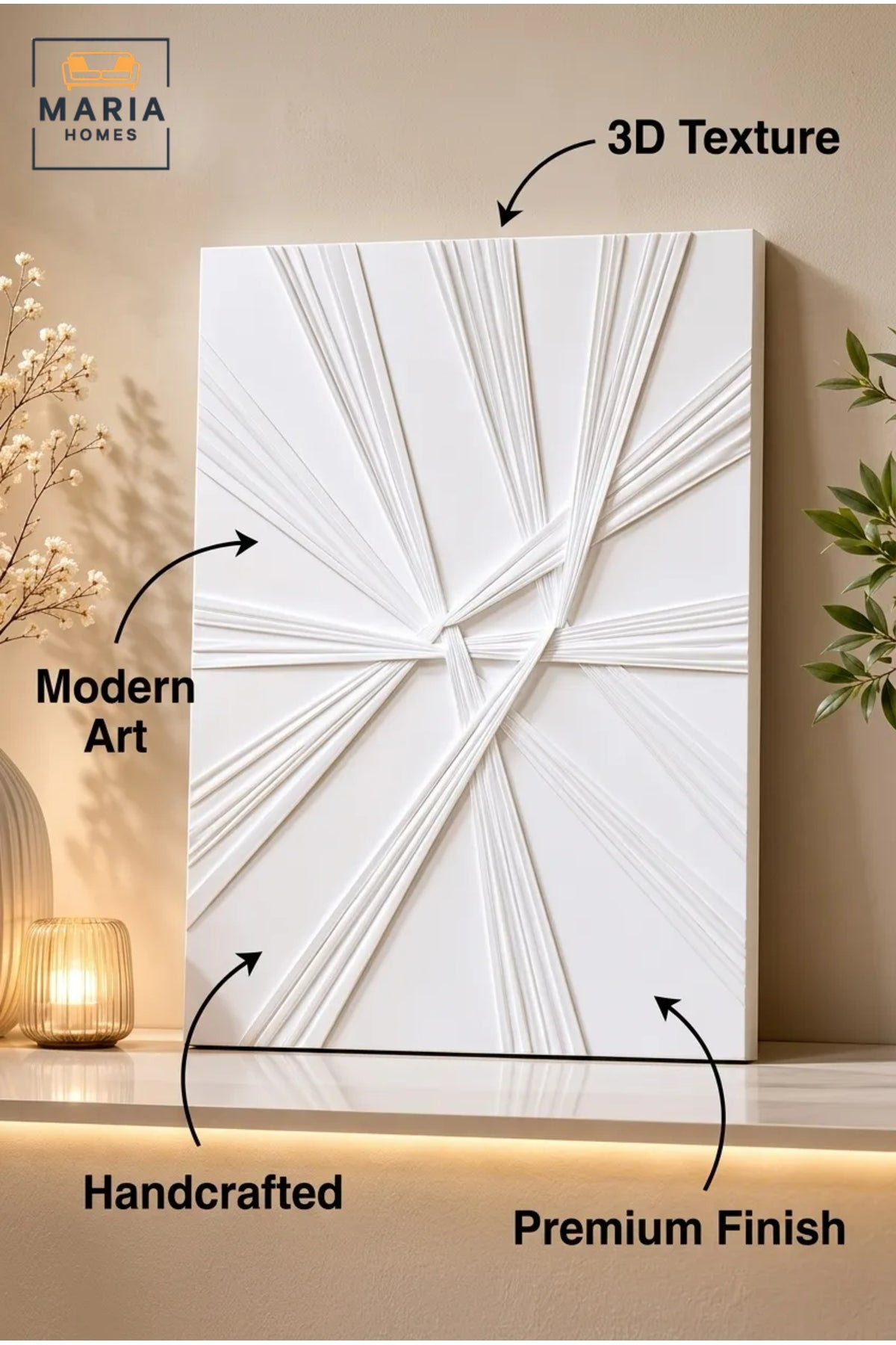 White Textured Abstract Wall Art √ê Modern Vertical Geometric Relief Artwork