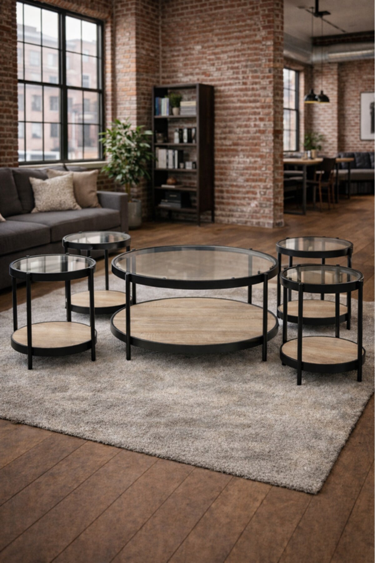 Wood 1+4 Coffee Table Set √ê Contemporary Glass and Wood Design with 1 Large and 4 Side Tables
