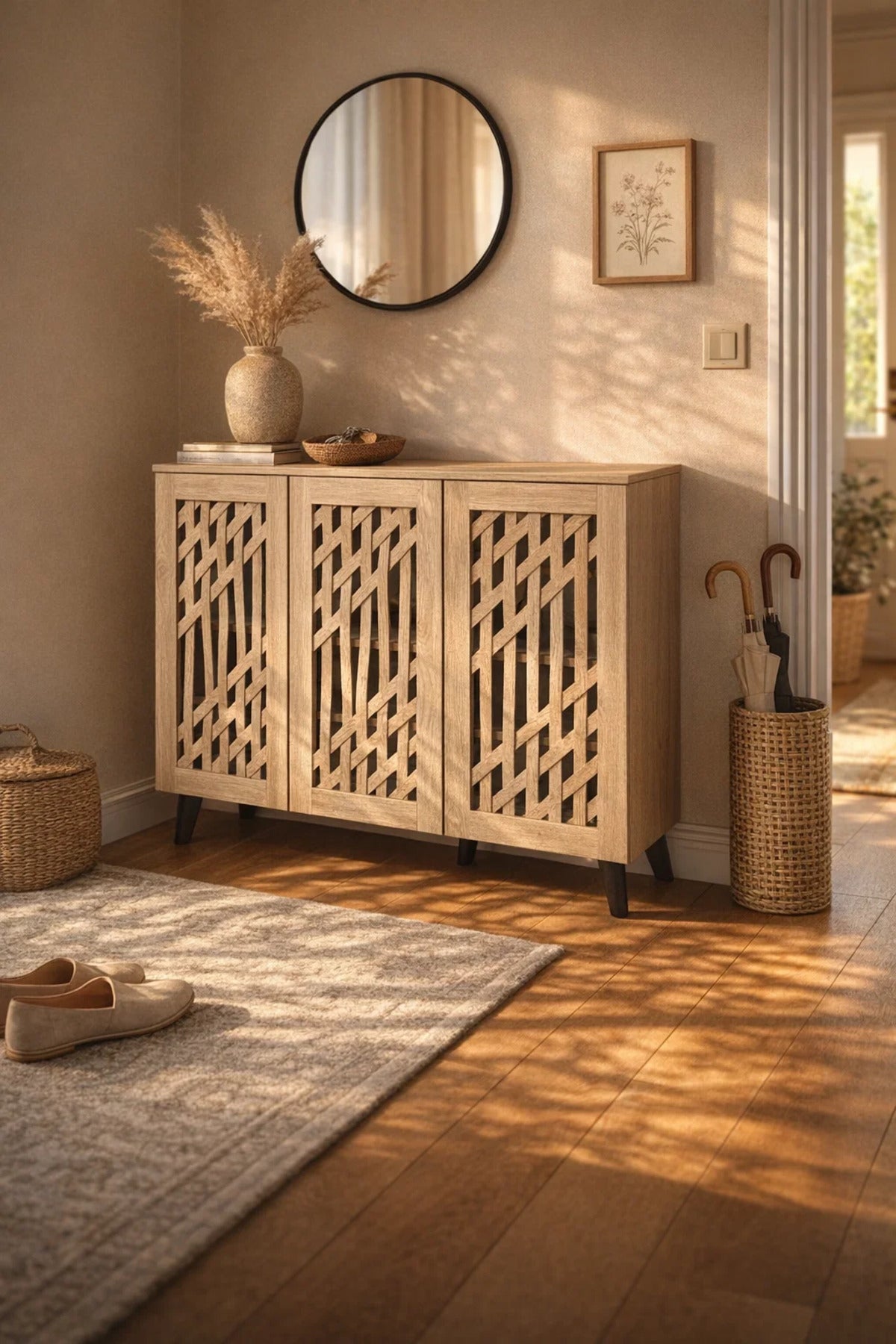 Premium Wooden Shoe Storage Cabinet with Breathable Lattice Doors for Modern Hallway Home Decor