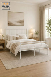 Modern White Metal Bed Frame 140_200 cm Ð Platform Bed with Headboard, Heavy Duty Steel Mattress Foundation
